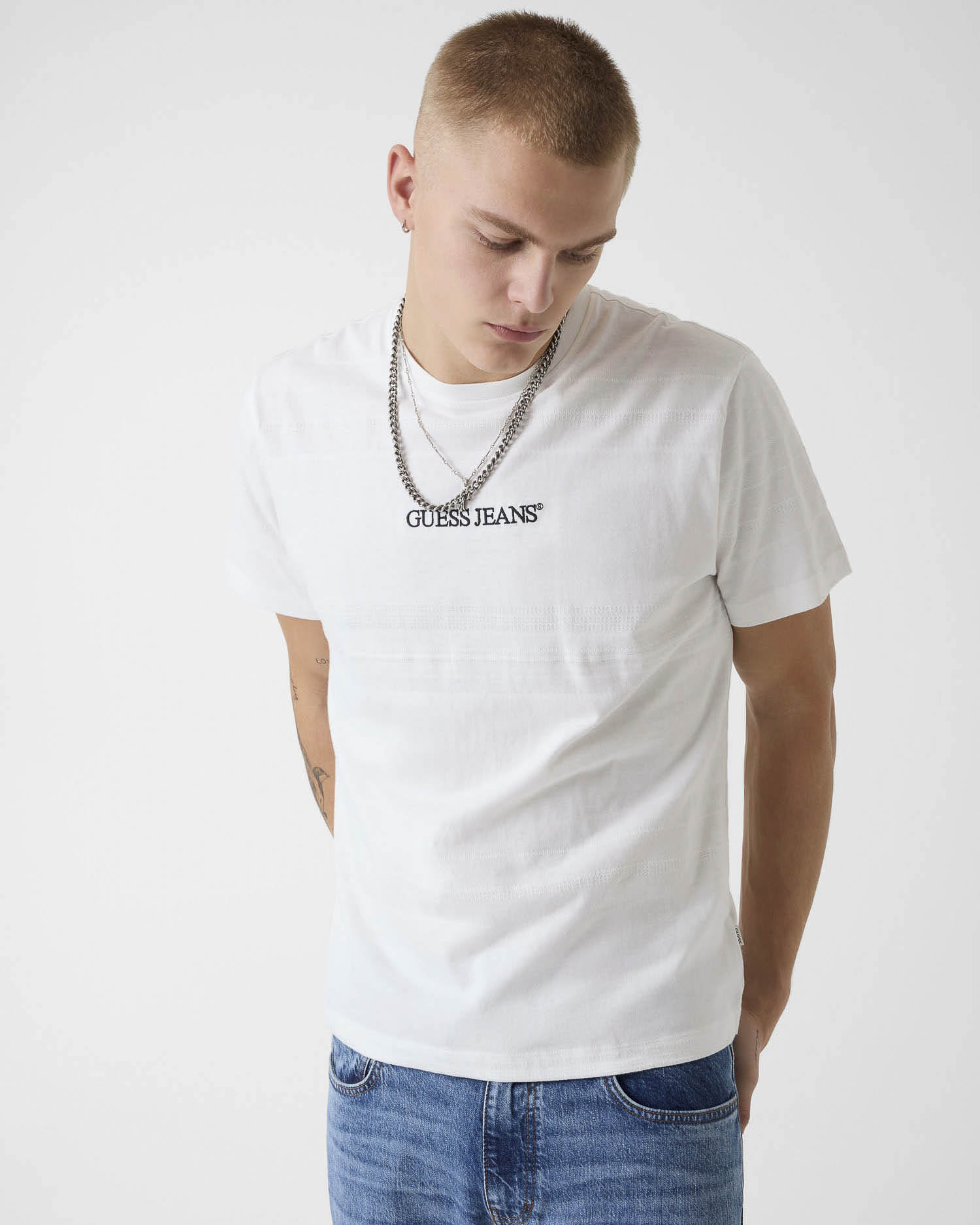 T-shirt mezza manica Jeans bianca in cotone con ricamo logo