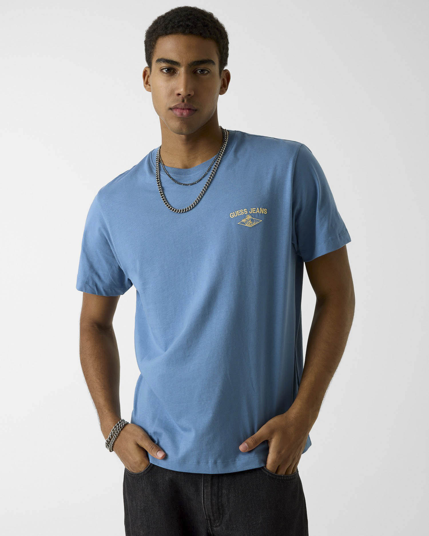 T-shirt mezza manica Jeans celeste in cotone con logo ricamato