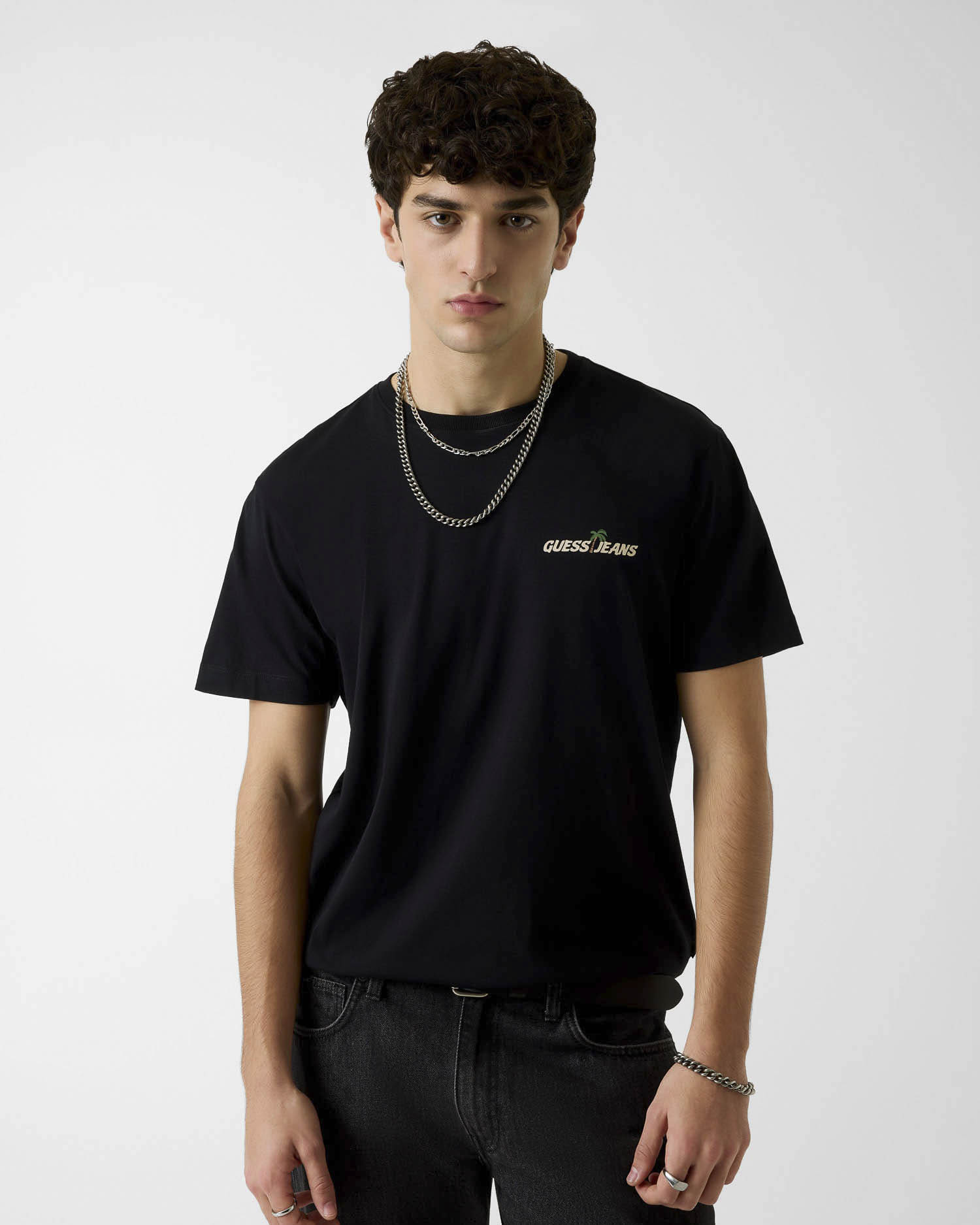 T-shirt mezza manica Jeans nera in cotone con stampa fronte e retro