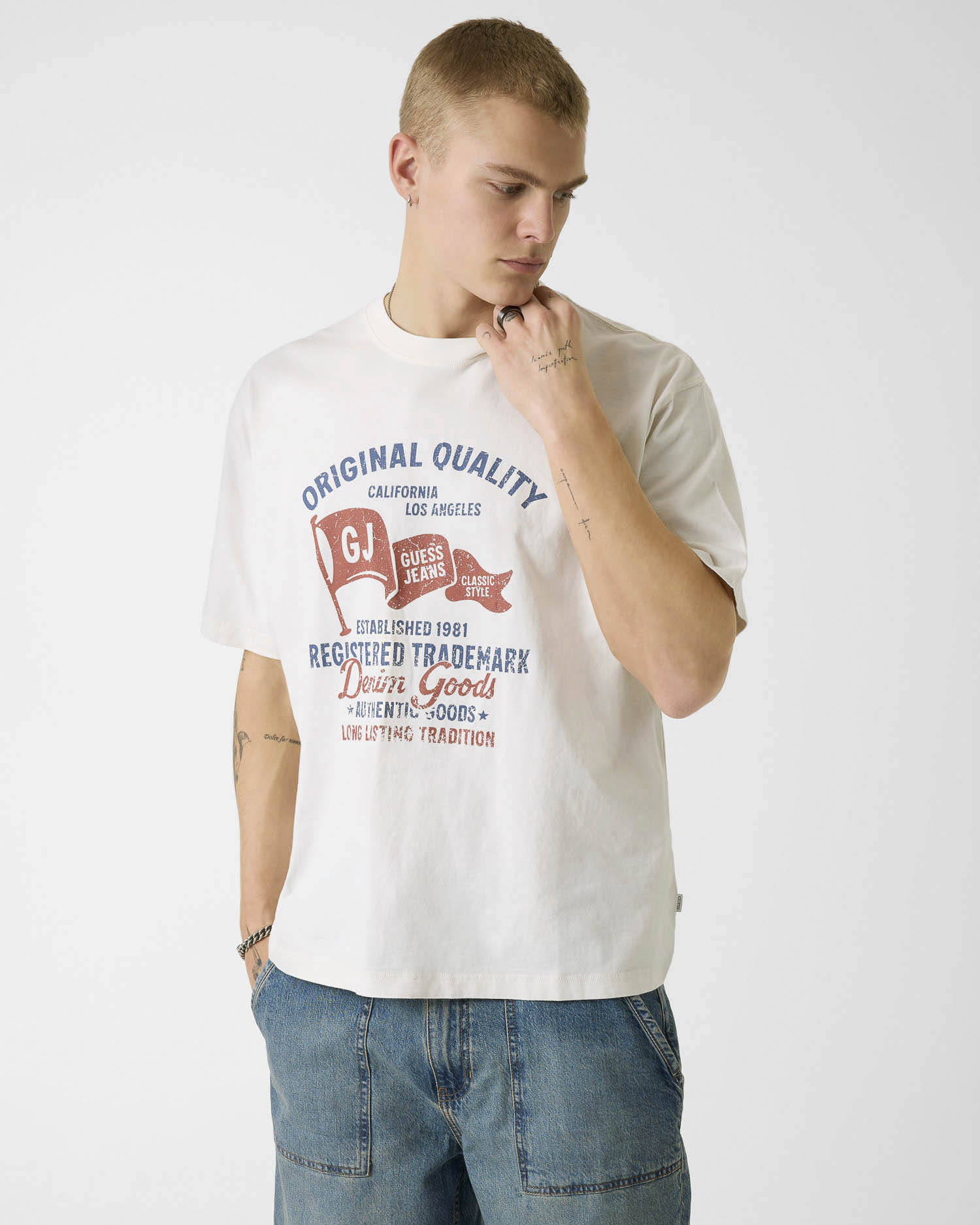 T-shirt mezza manica Jeans bianca in cotone con stampa logo