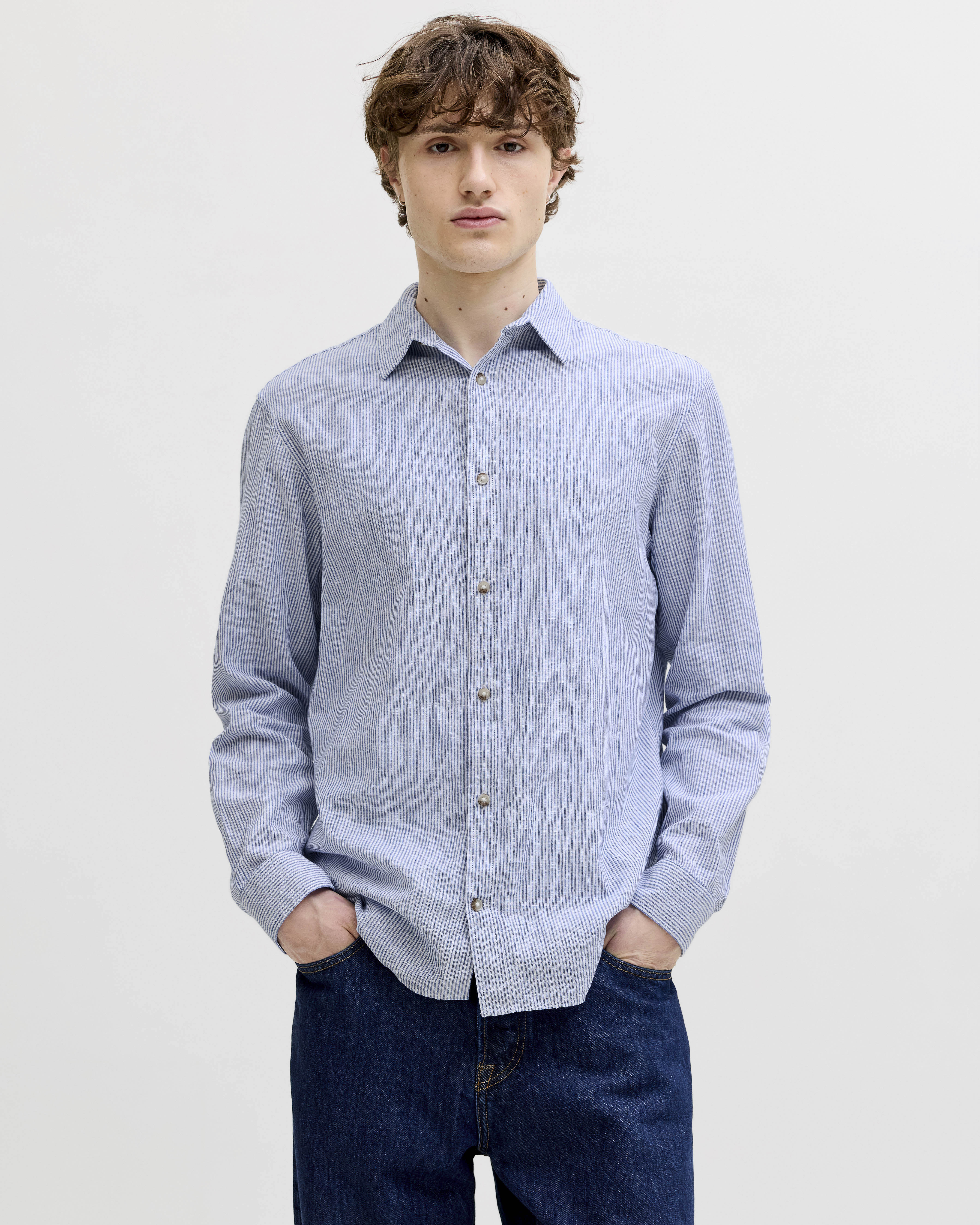 Camicia a maniche lunghe Jack & Jones azzurra a righe in misto cotone e lino
