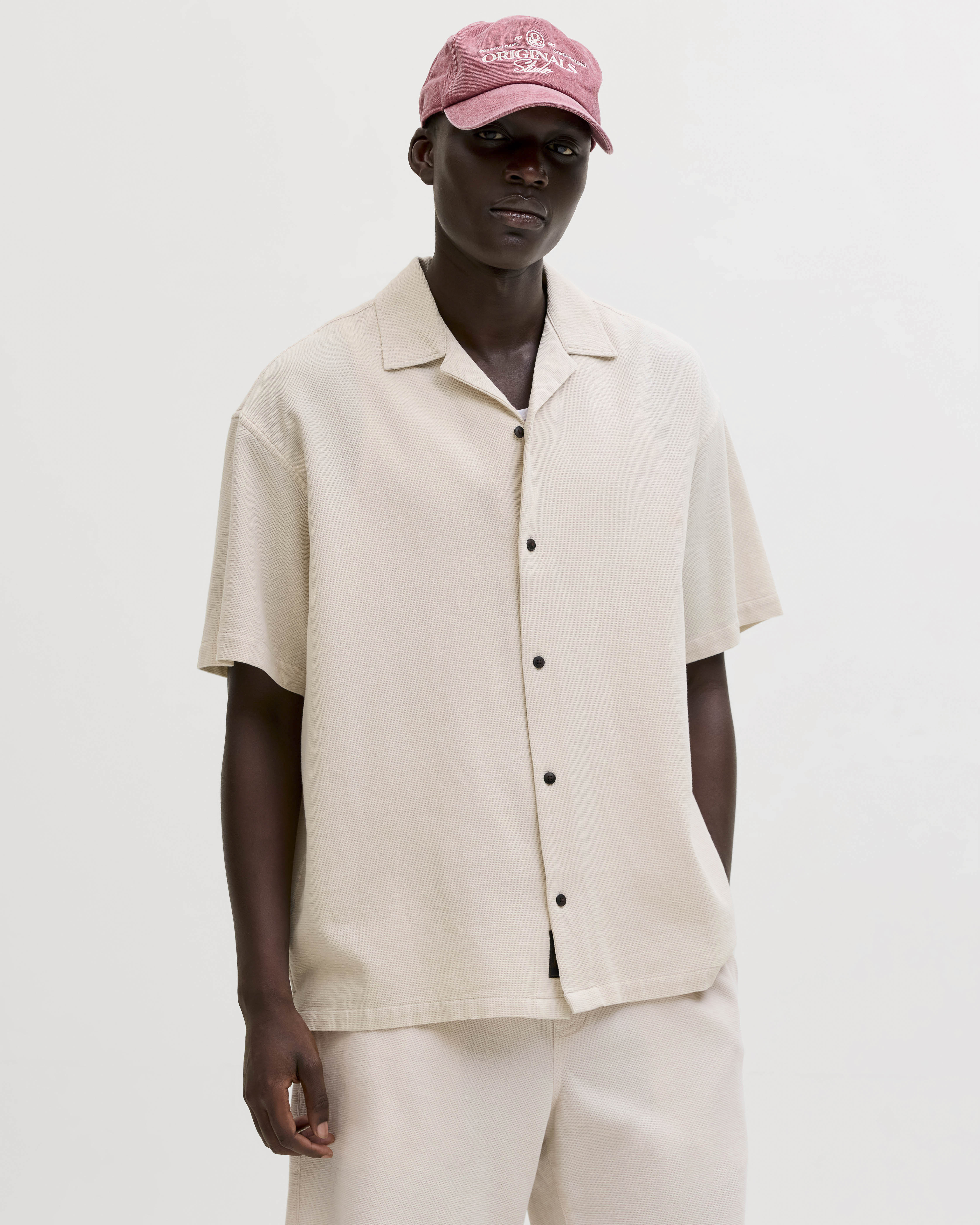 Camicia mezza manica Jack & Jones avorio in cotone a nido d'ape