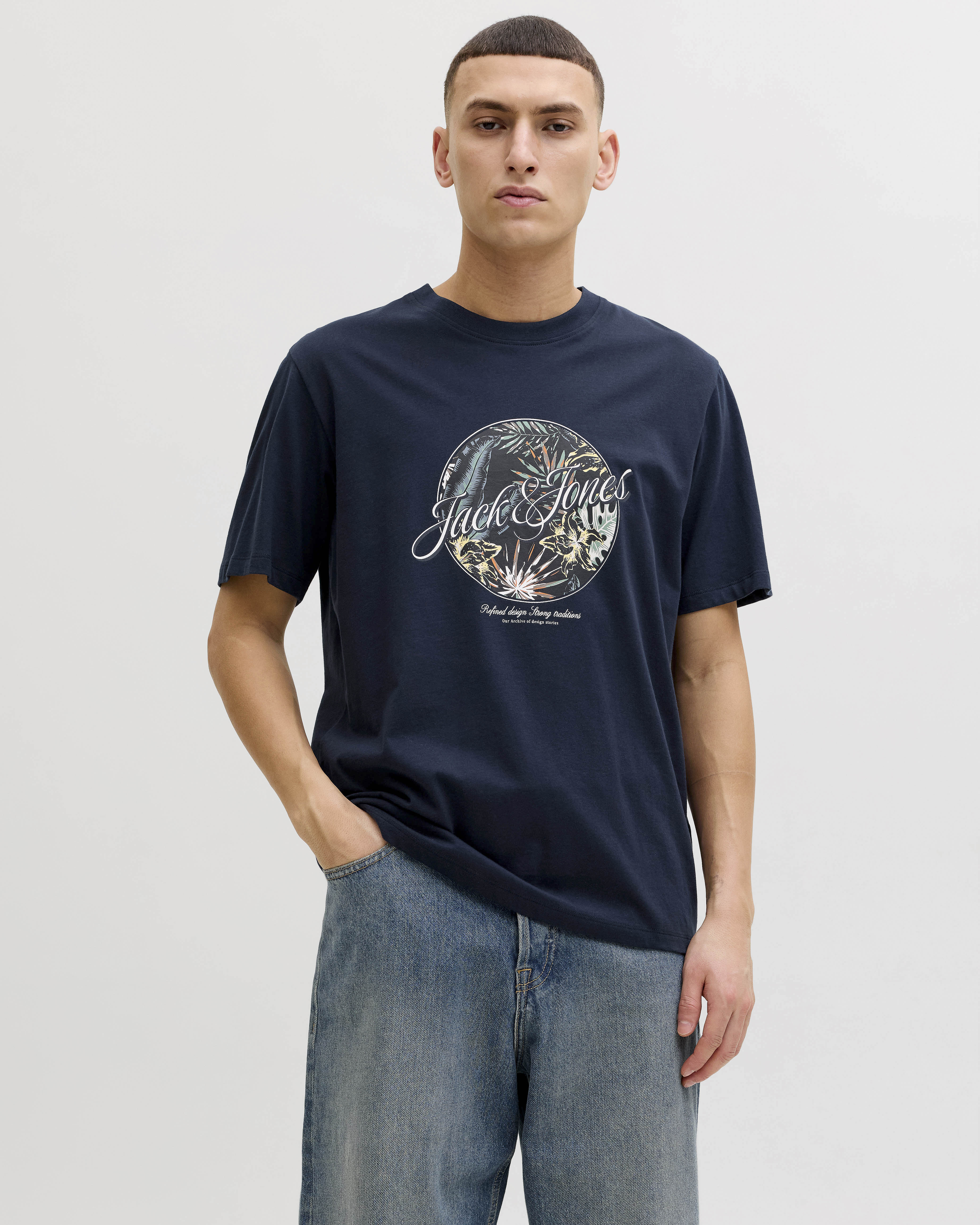 T-shirt Jack & Jones blu in cotone con stampa logo e fiori