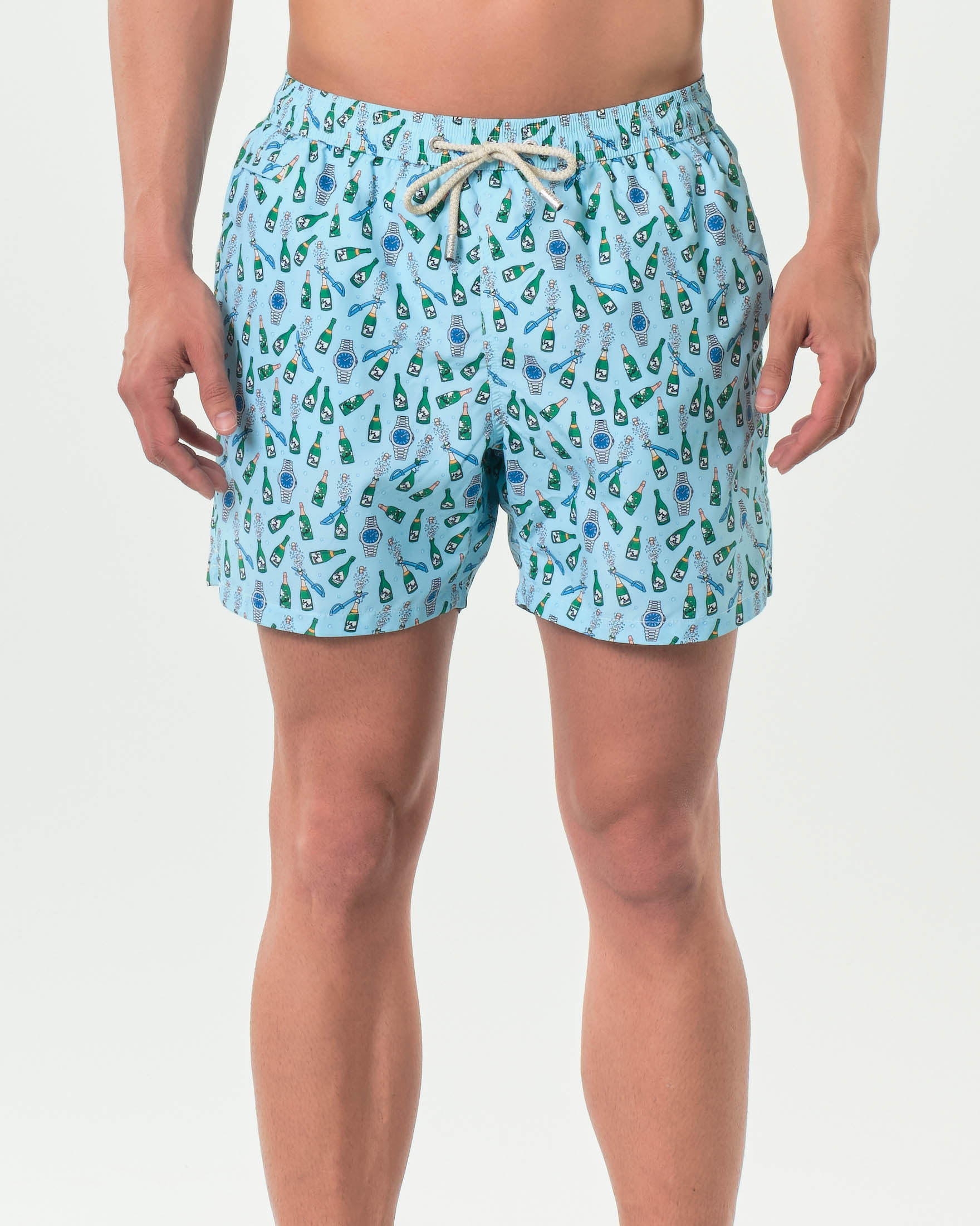 Boxer mare azzurro con stampa orologi e sciabolatura
