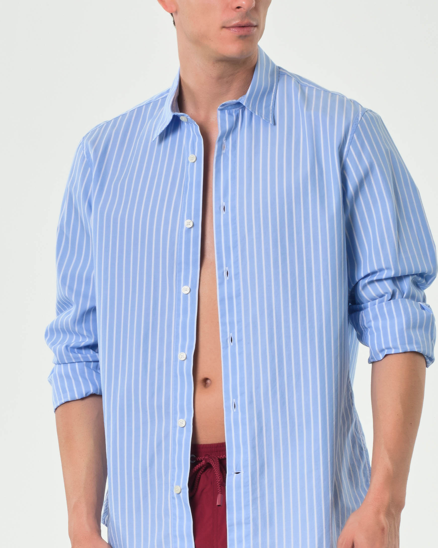 Camicia azzurra MC2 Saint Barth a righe bianche in puro cotone image