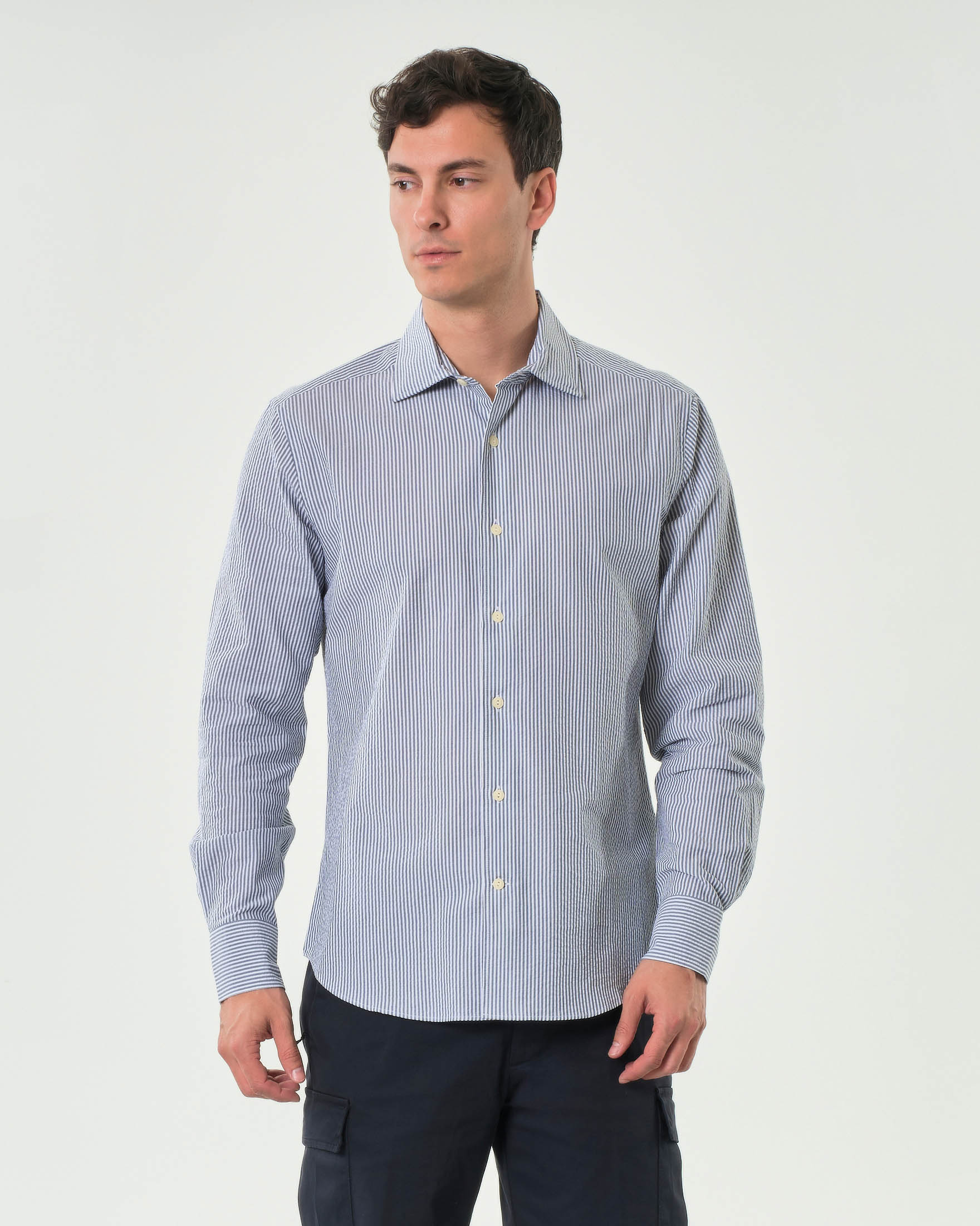 Camicia Pamplona MC2 Saint Barth bastoncino bianco e blu in seersucker di puro cotone