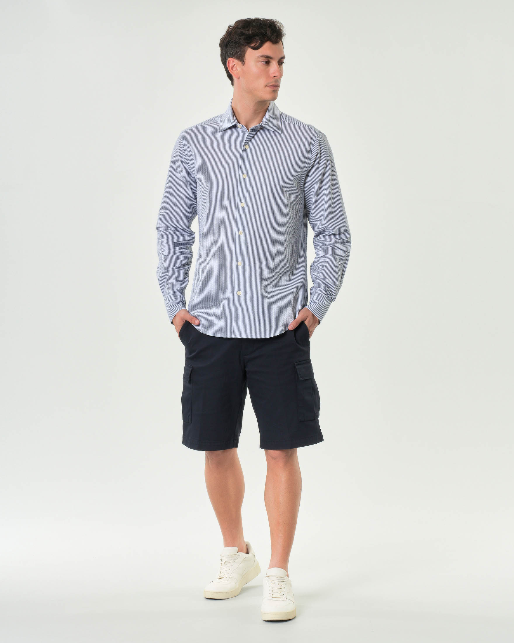 Camicia Pamplona MC2 Saint Barth bastoncino bianco e blu in seersucker di puro cotone image