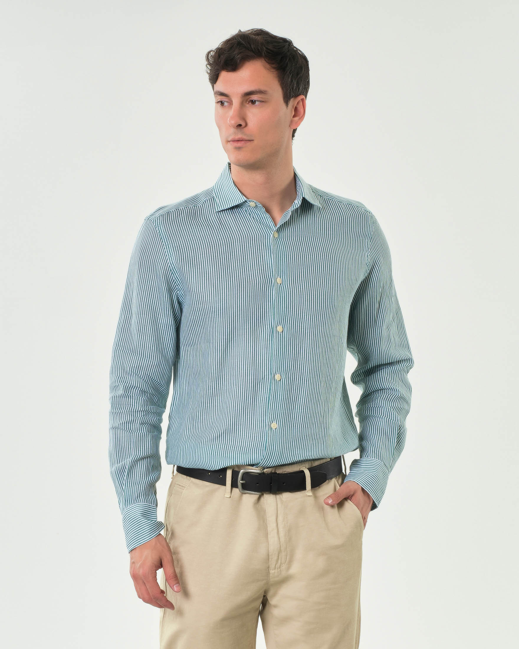 Camicia bastoncino MC2 Saint Barth bianco e verde in puro lino con collo alla francese