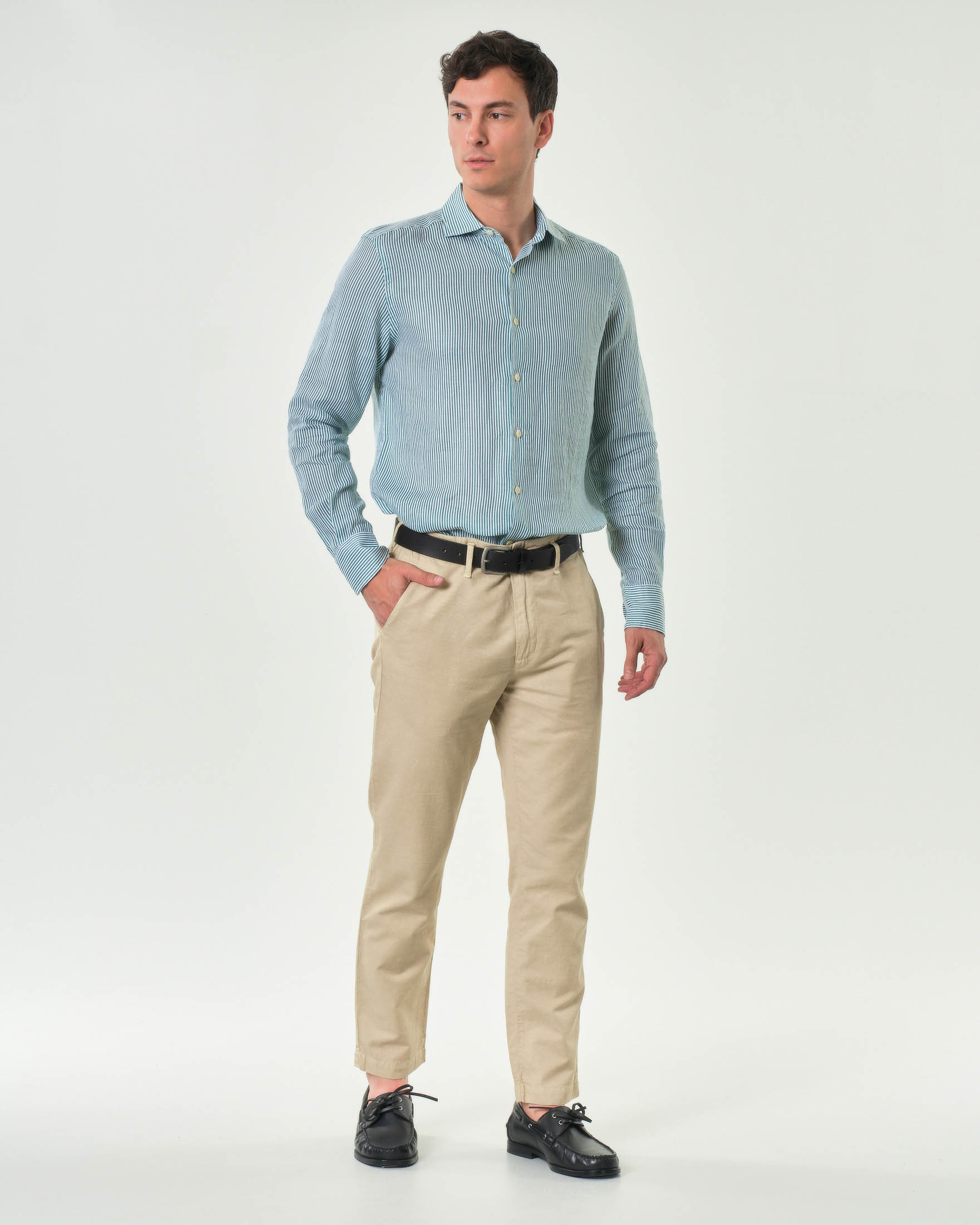 Camicia bastoncino MC2 Saint Barth bianco e verde in puro lino con collo alla francese image