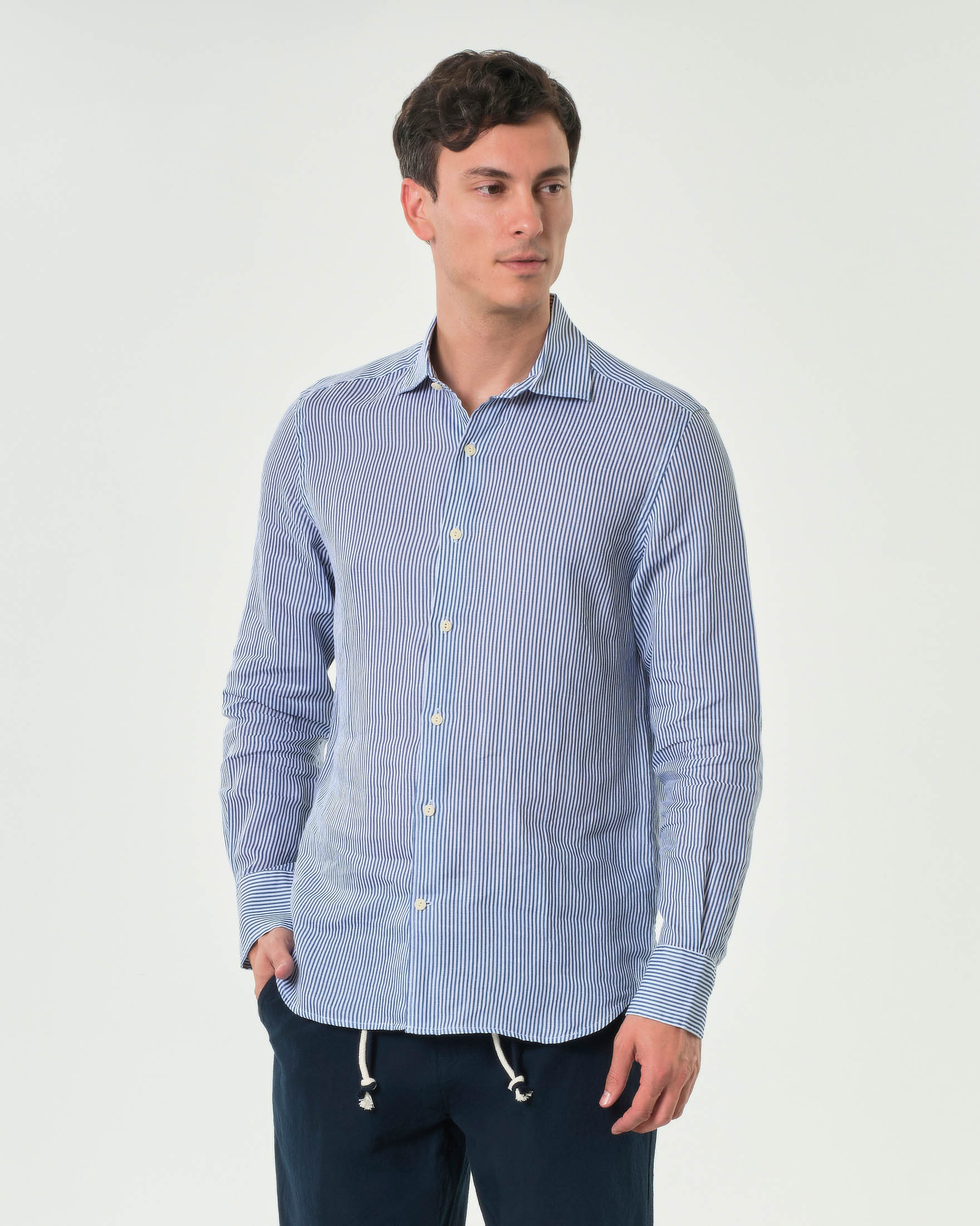 Camicia bastoncino MC2 Saint Barth bianco e blu in puro lino con collo alla francese