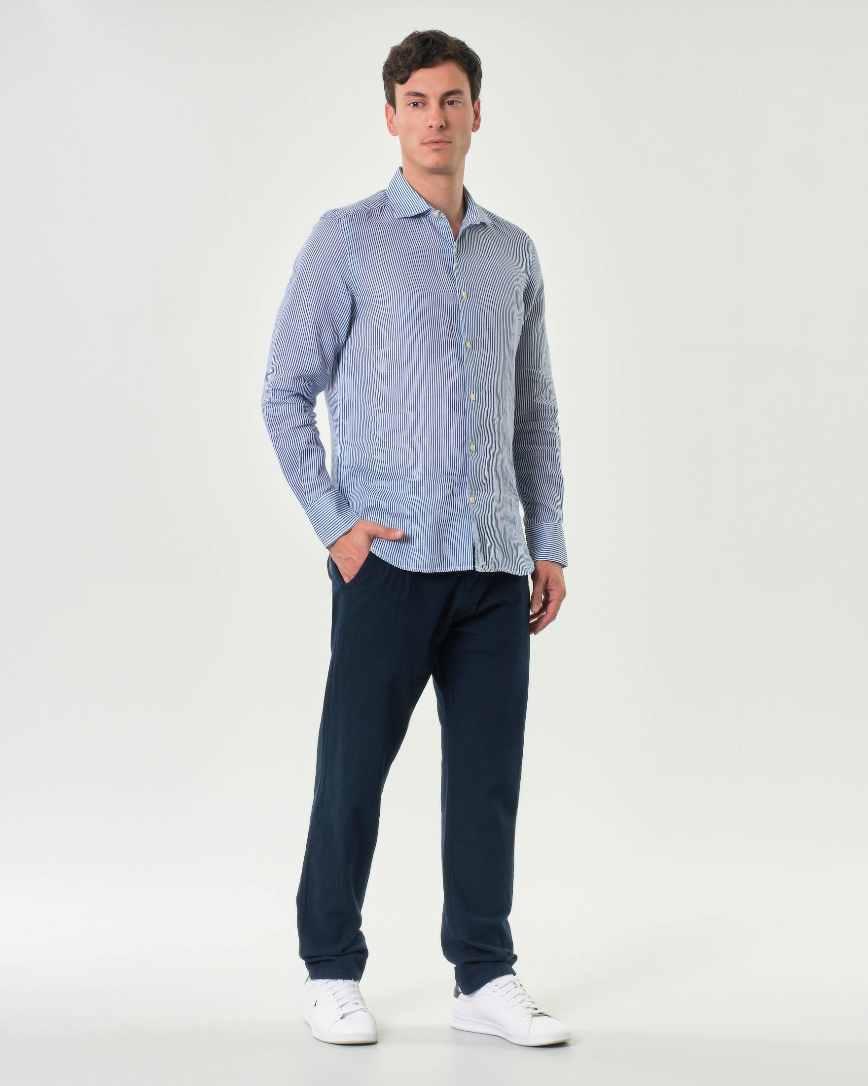 Camicia bastoncino MC2 Saint Barth bianco e blu in puro lino con collo alla francese image
