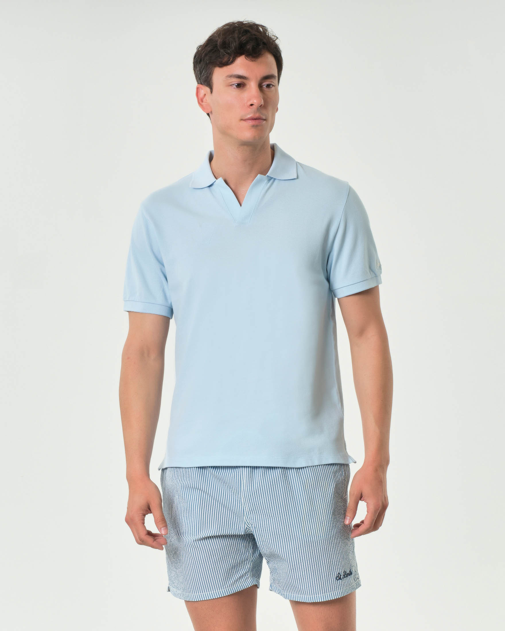 Polo Charles azzurra MC2 Saint Barth in piquè di cotone stretch con colletto bowling