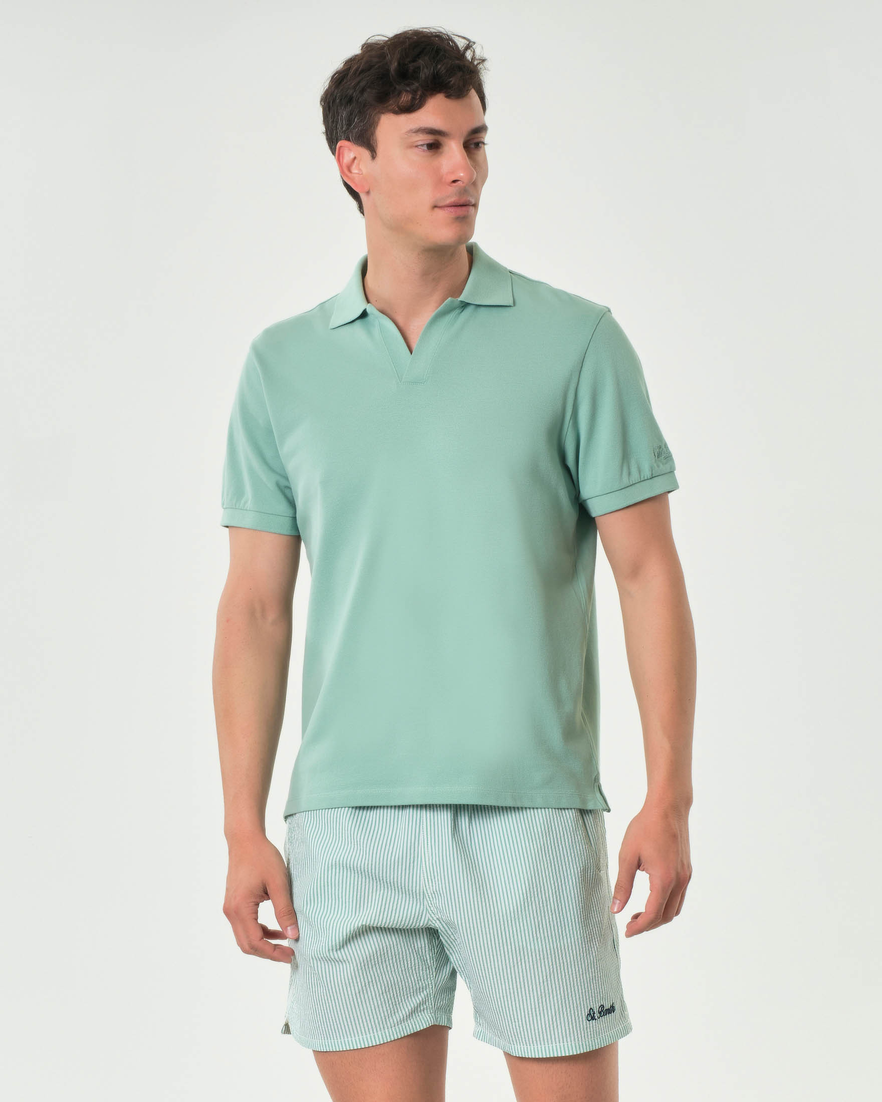 Polo Charles verde salvia MC2 Saint Barth in piquè di cotone stretch con colletto bowling