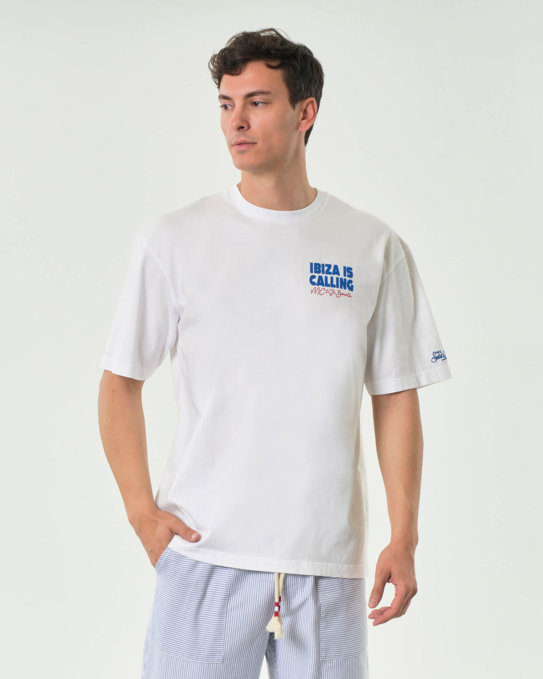 T-shirt bianca mezza manica con stampa fronte e retro Ibiza is calling