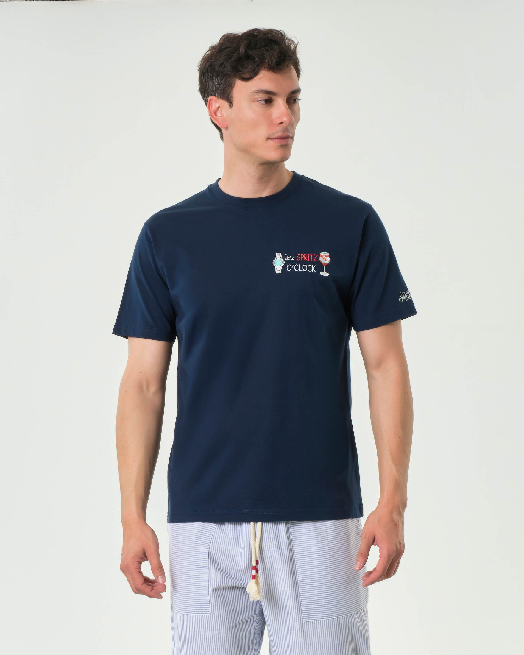 T-shirt blu mezza manica con ricamo It's Spritz O'Clock sul petto