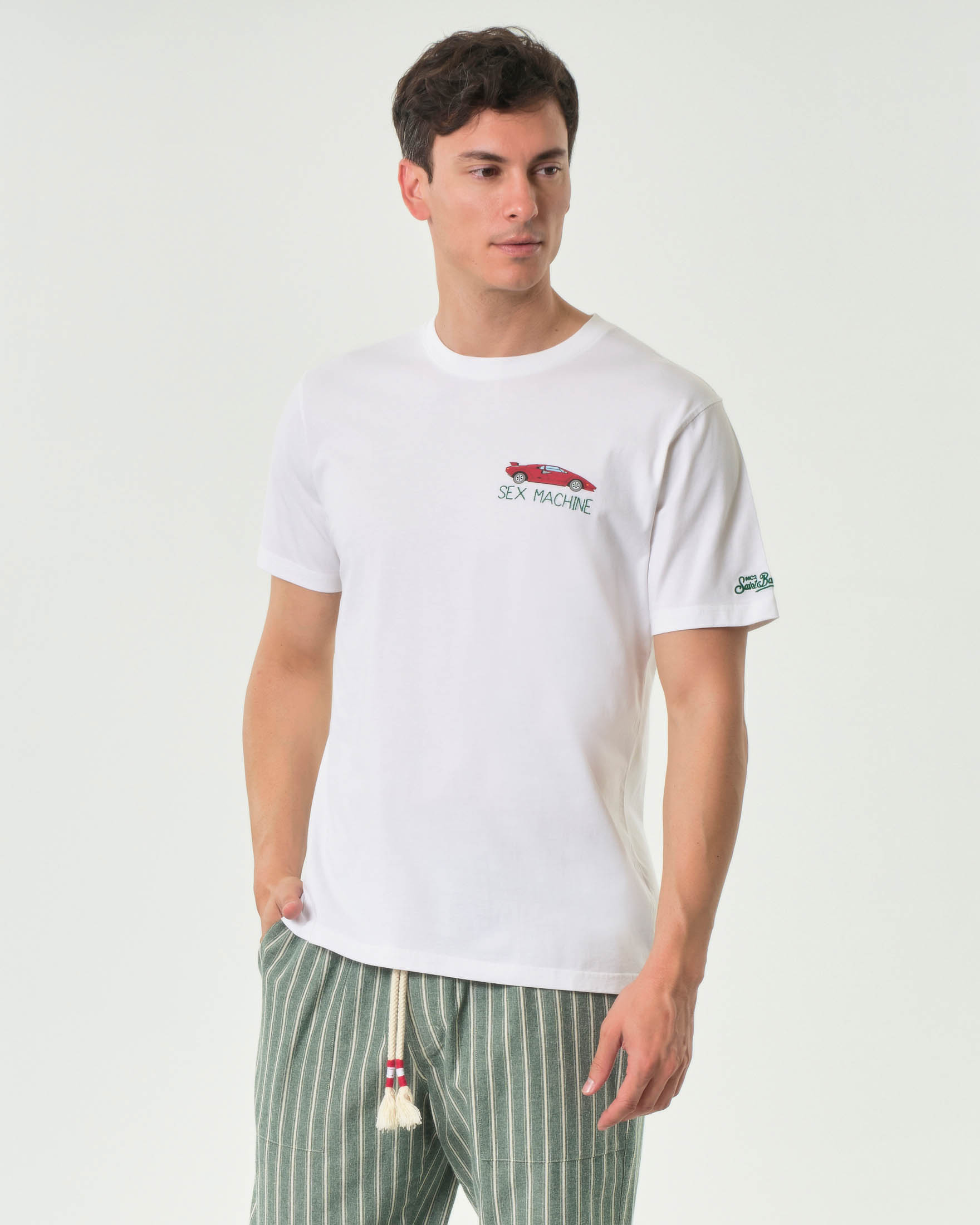 T-shirt bianca mezza manica con ricamo Sex Machine sul petto