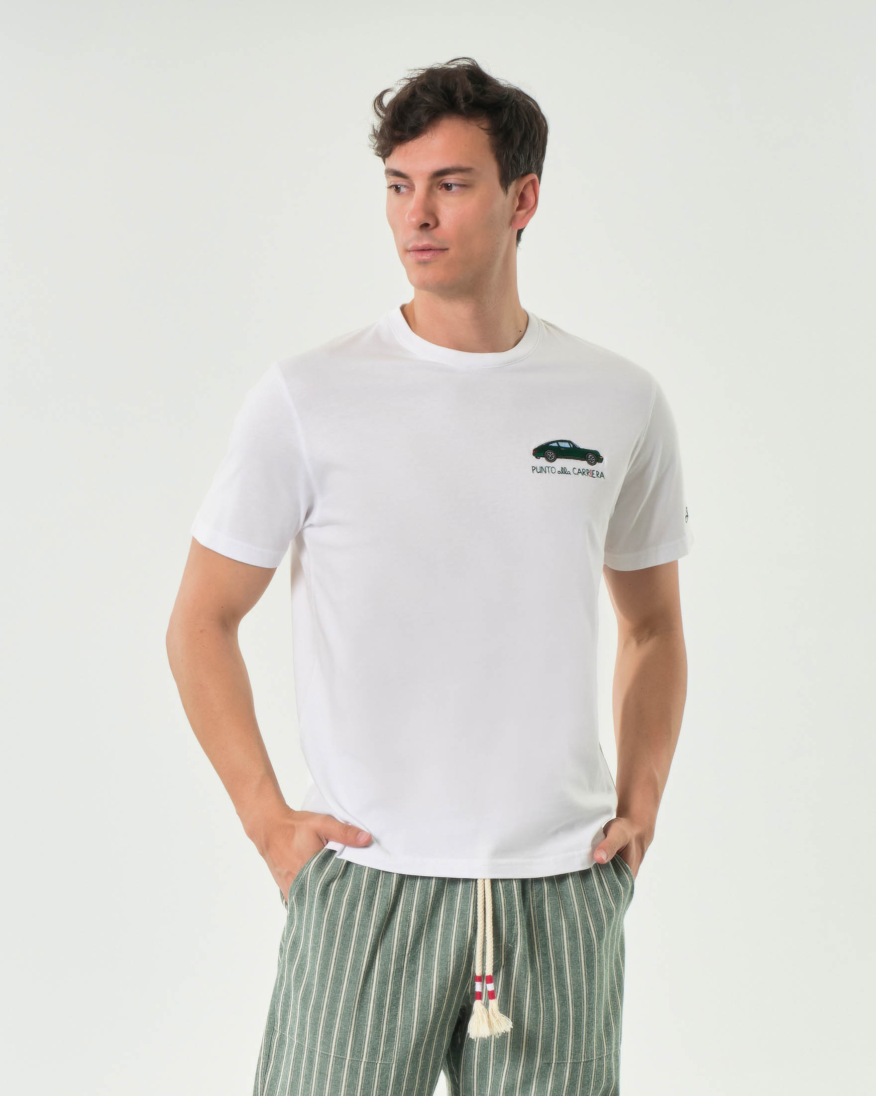 T-shirt bianca mezza manica con ricamo Punto alla carriera sul petto
