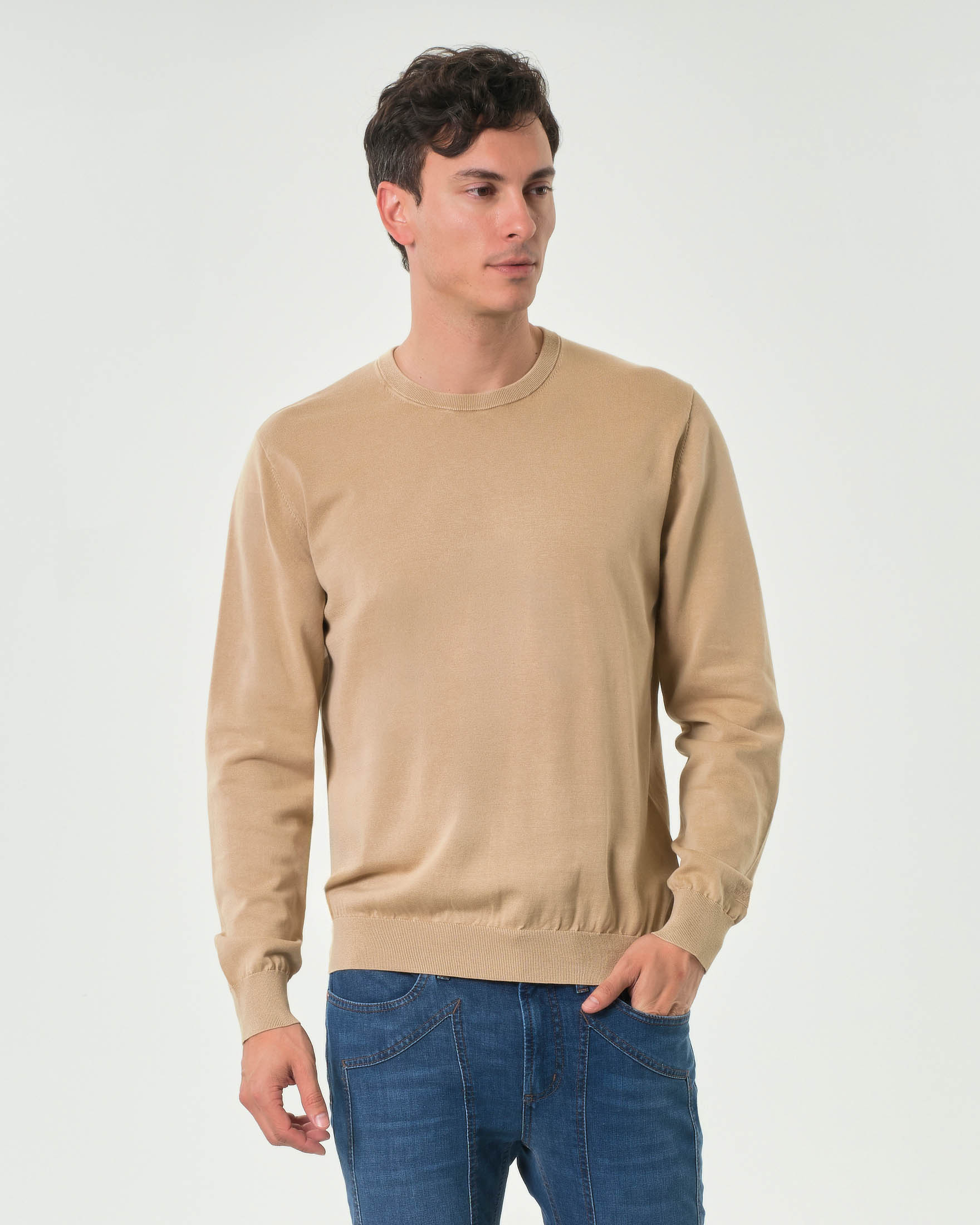 Maglioncino girocollo sabbia in cotone stone washed