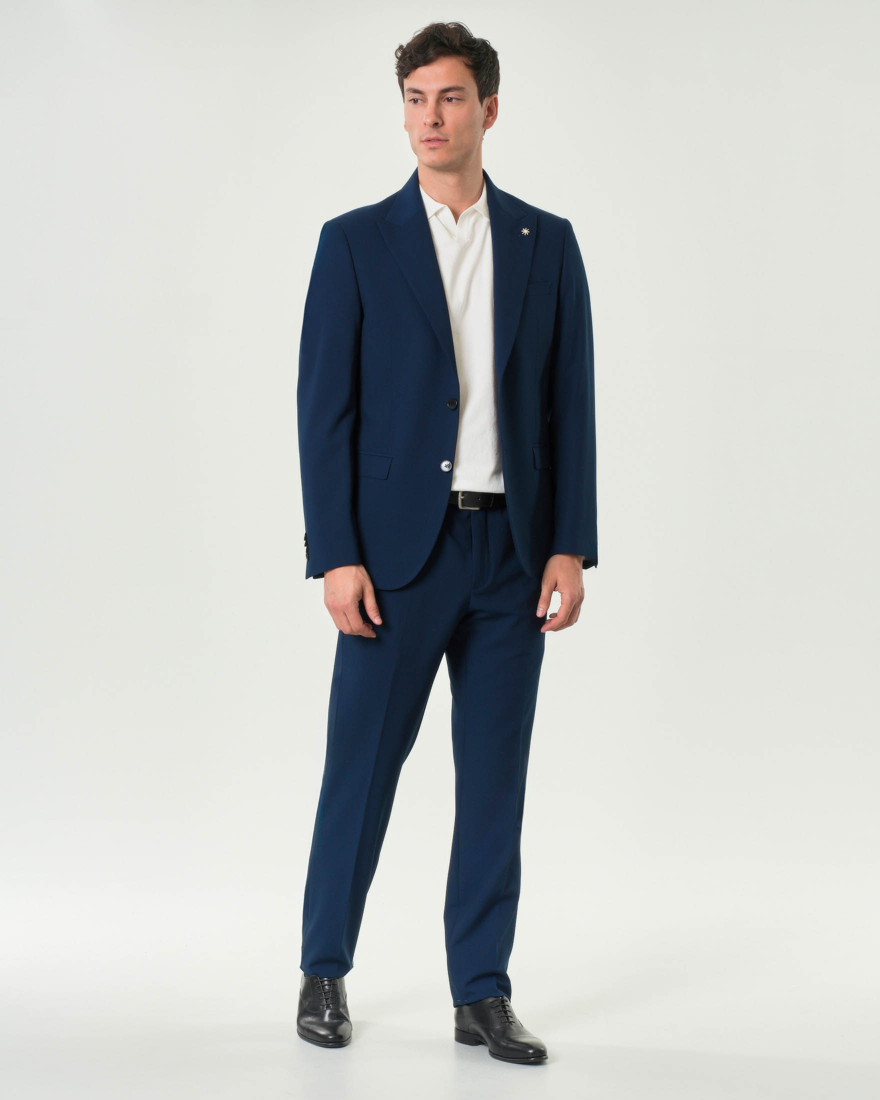 Abito Manuel Ritz blu in tela di viscosa stretch con rever a lancia