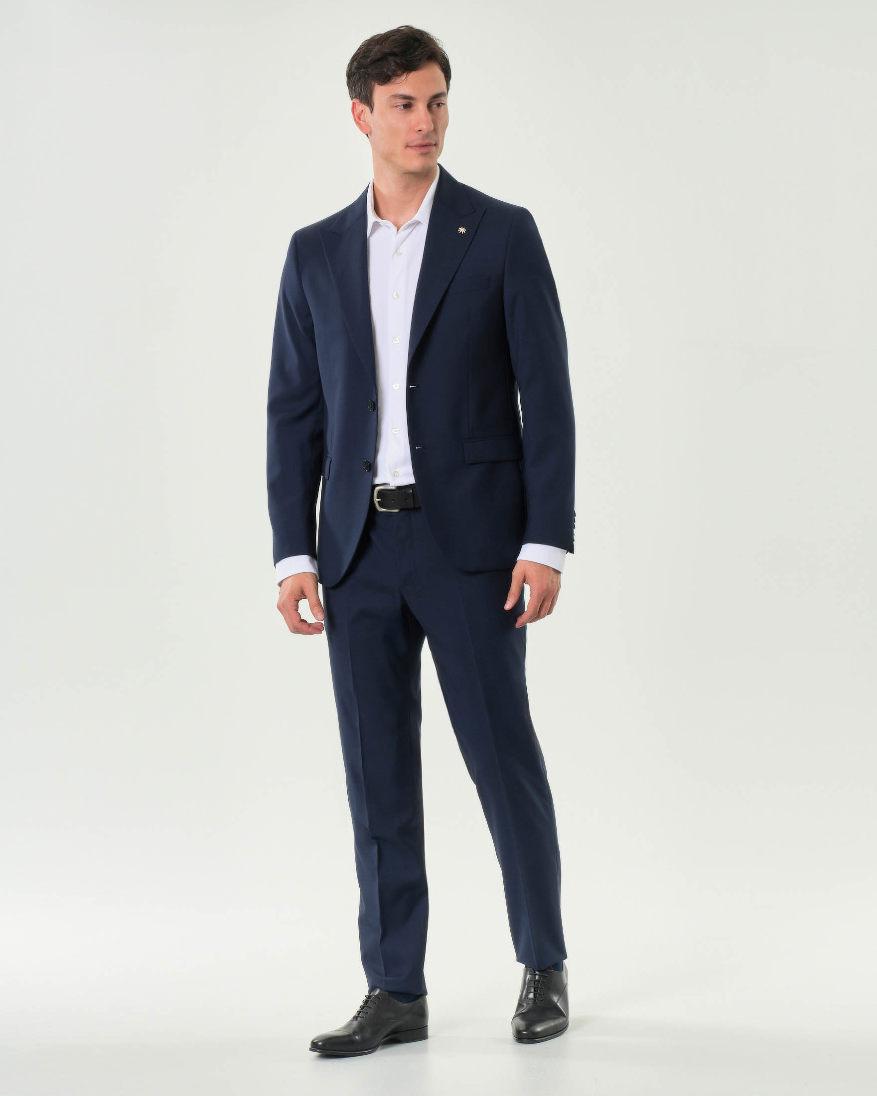 Abito Manuel Ritz blu in tela di lana con rever a lancia