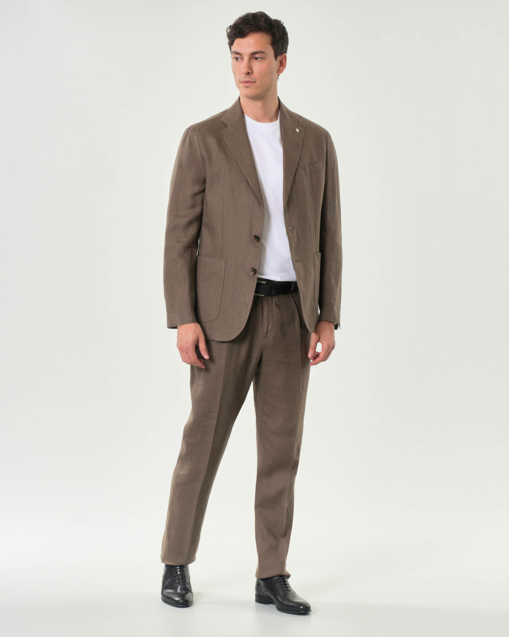 Abito Manuel Ritz marrone in puro lino con rever classico