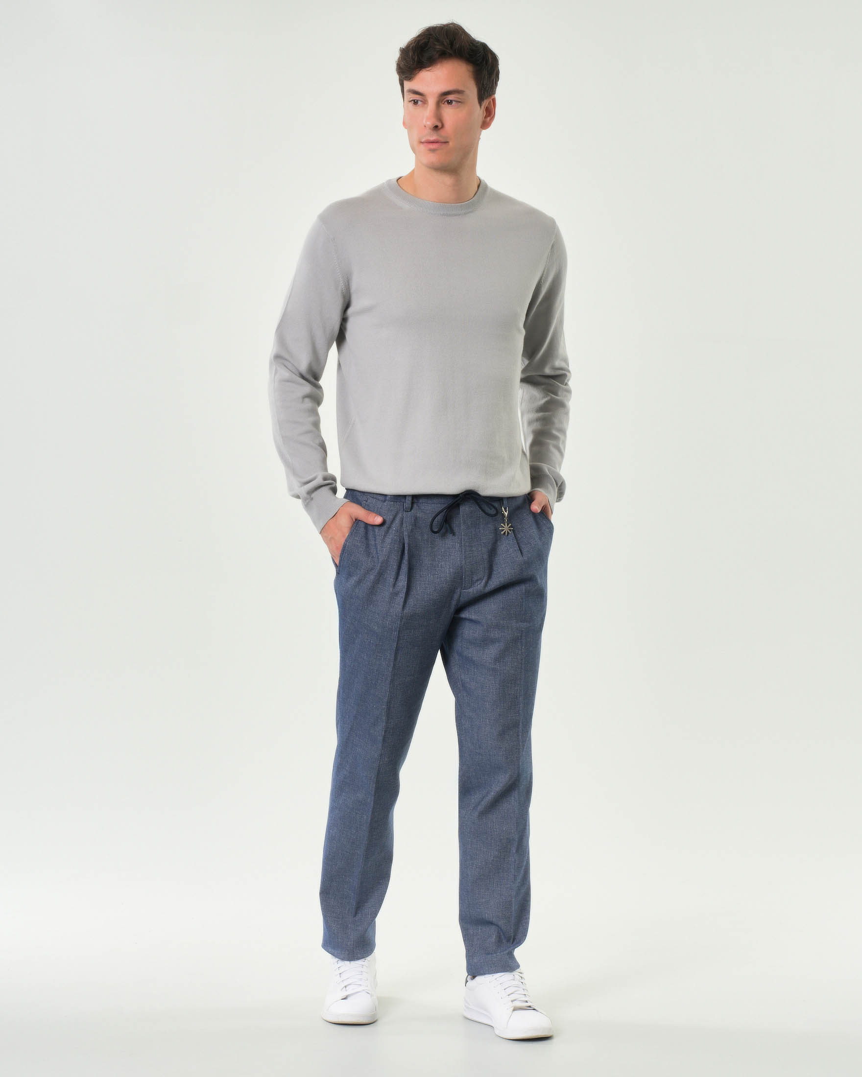 Pantalaccio Manuel Ritz blu indaco in misto cotone e lino stretch con una pinces