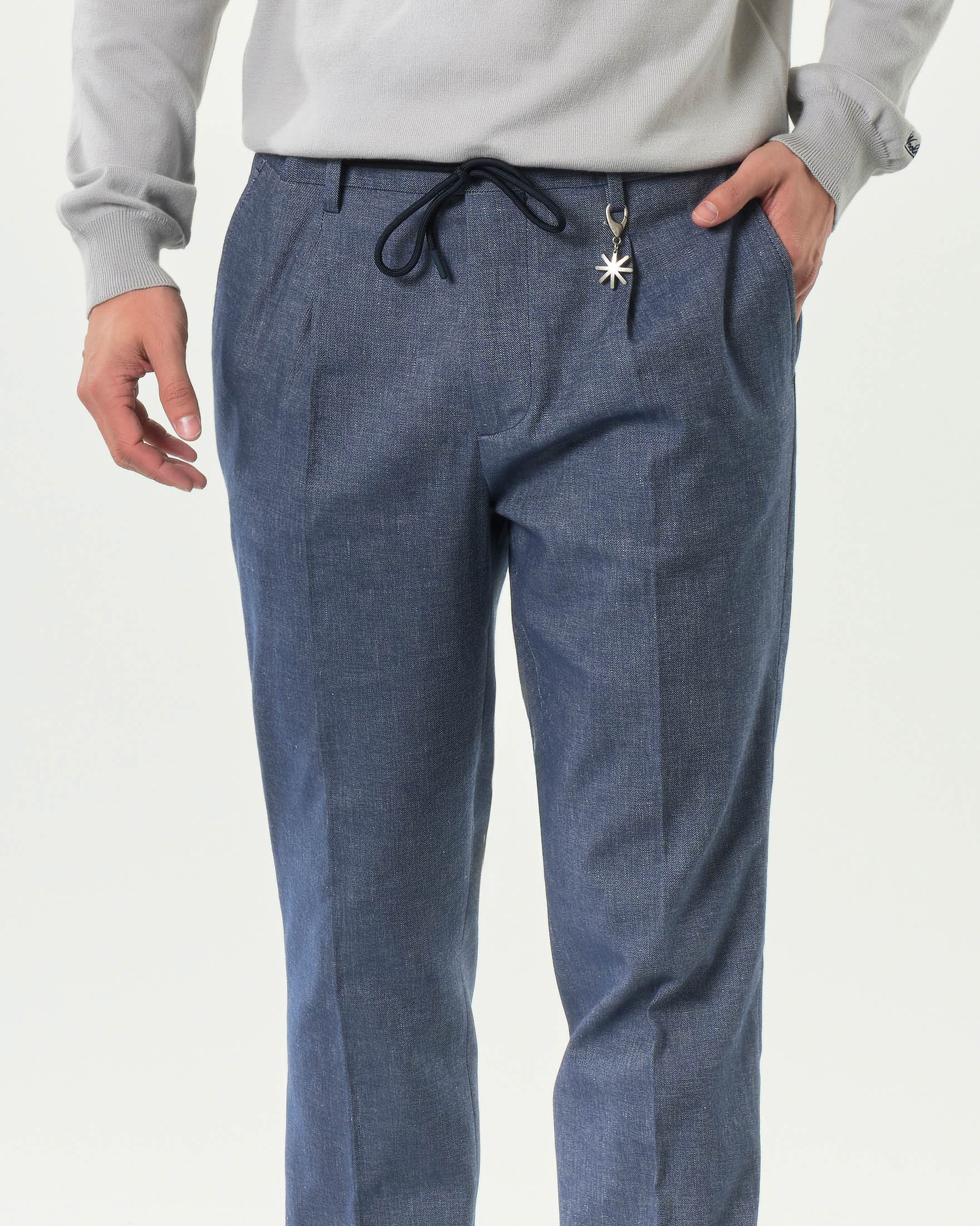Pantalaccio Manuel Ritz blu indaco in misto cotone e lino stretch con una pinces image
