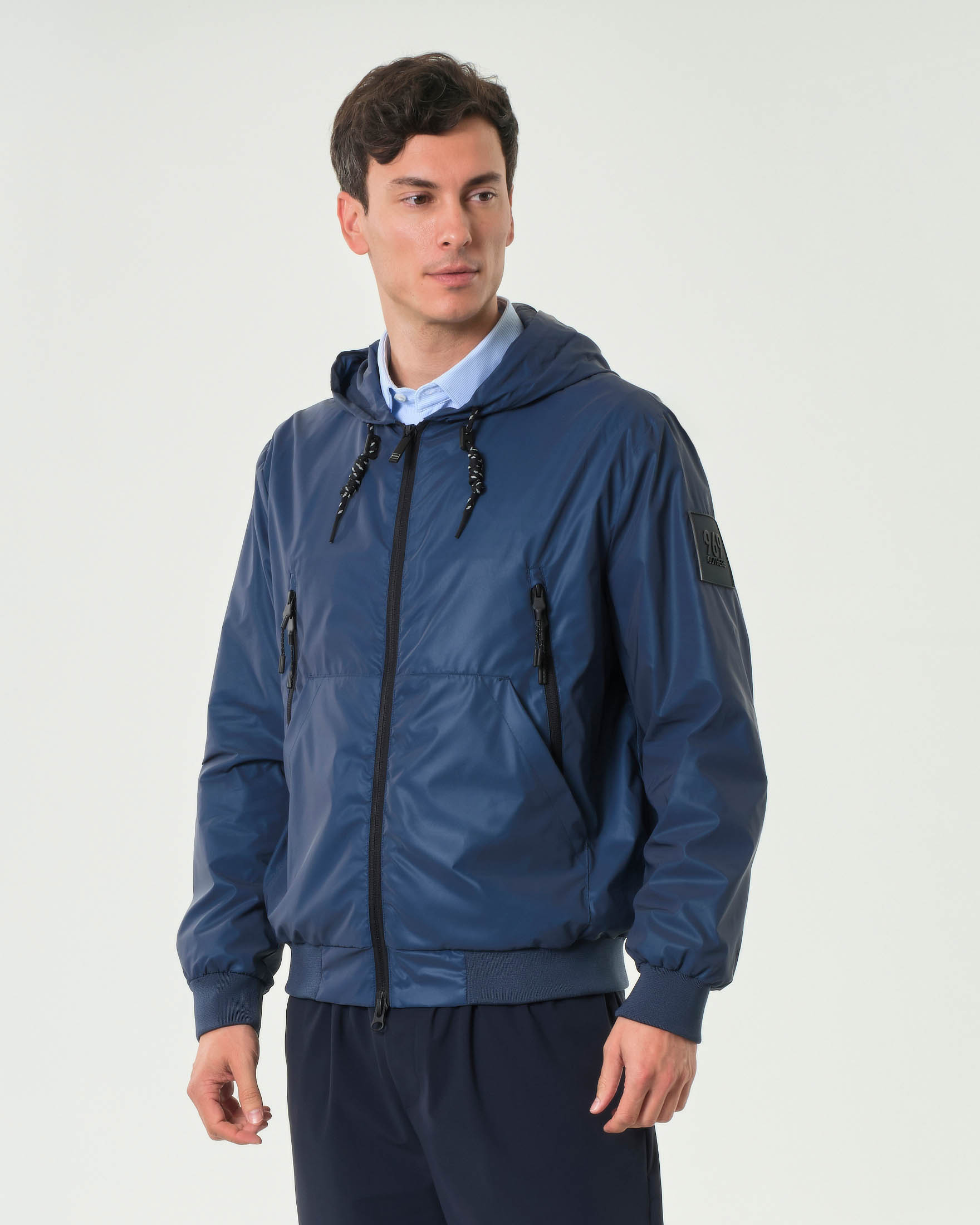 Giubbino blu Zeus Outhere in nylon lucido con cappuccio fisso