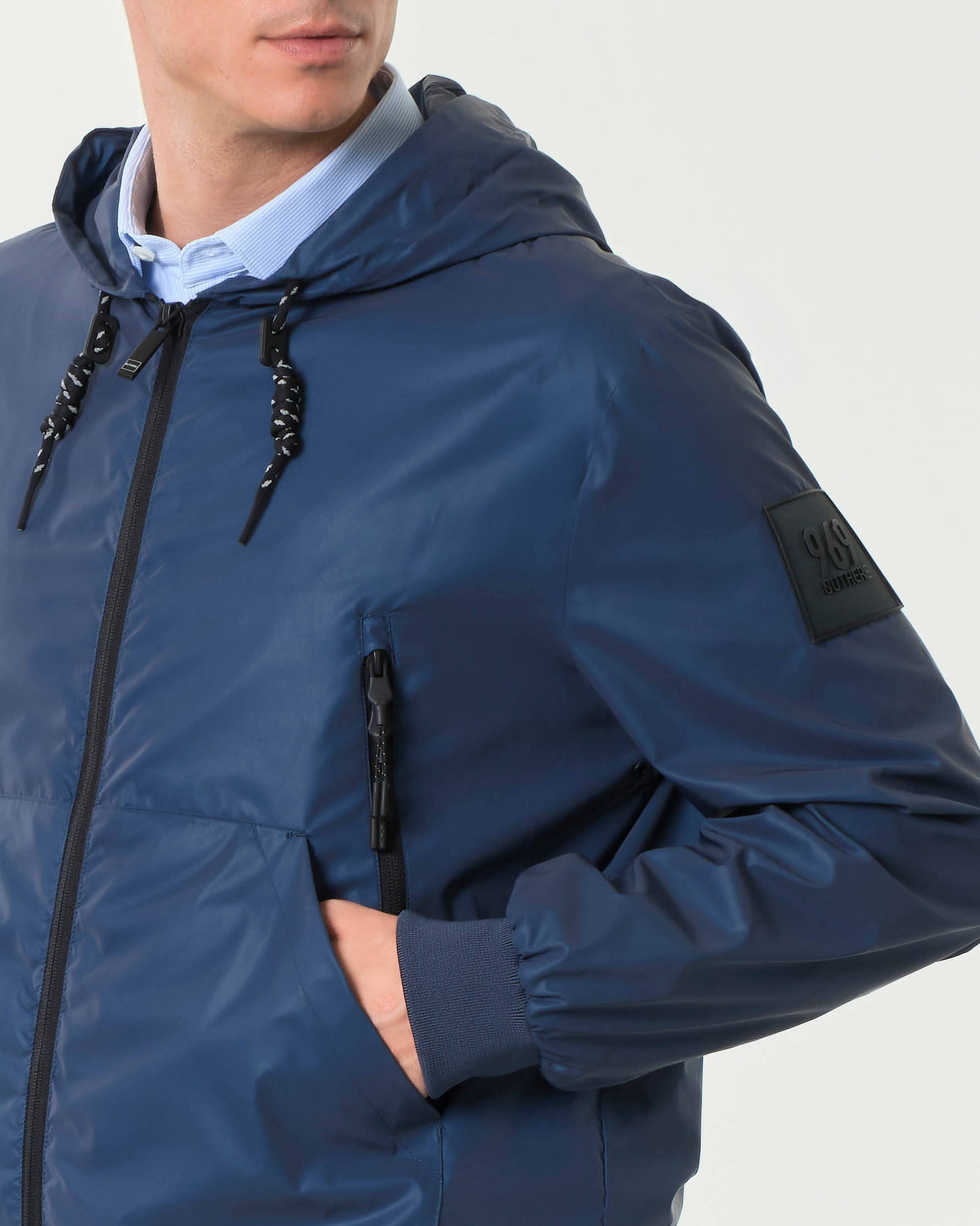 Giubbino blu Zeus Outhere in nylon lucido con cappuccio fisso image