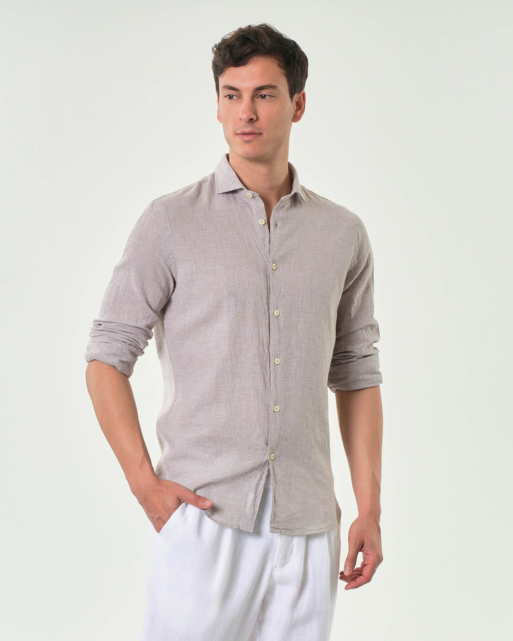 Camicia color noce micro pied de poule in misto cotone e lino