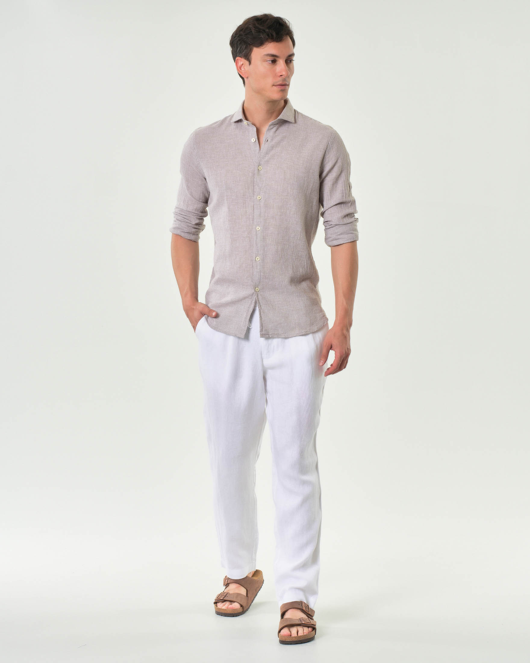 Camicia Paul Baker color noce micro pied de poule in misto cotone e lino image