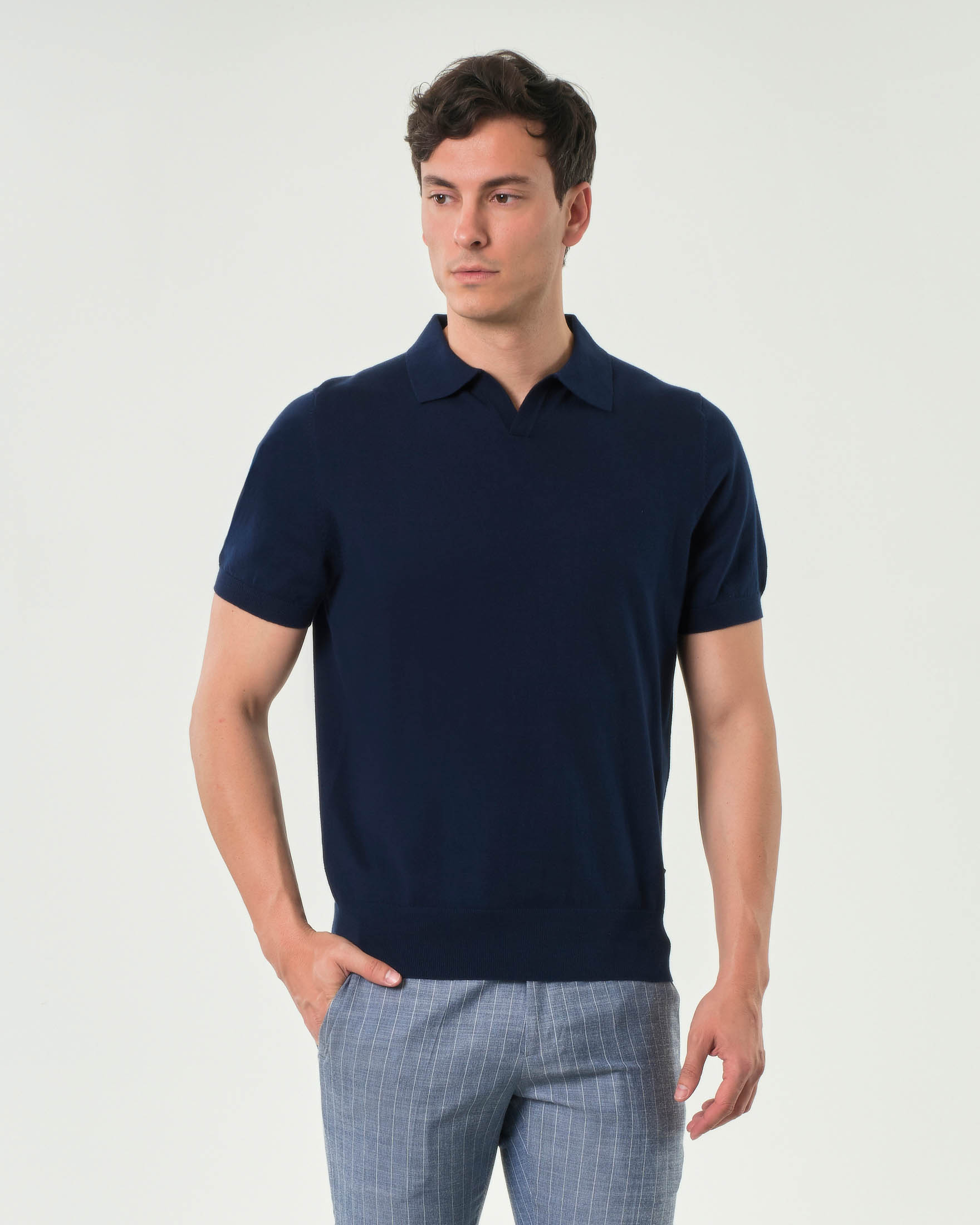 Polo Roy Roger's blu in puro cotone con colletto bowling