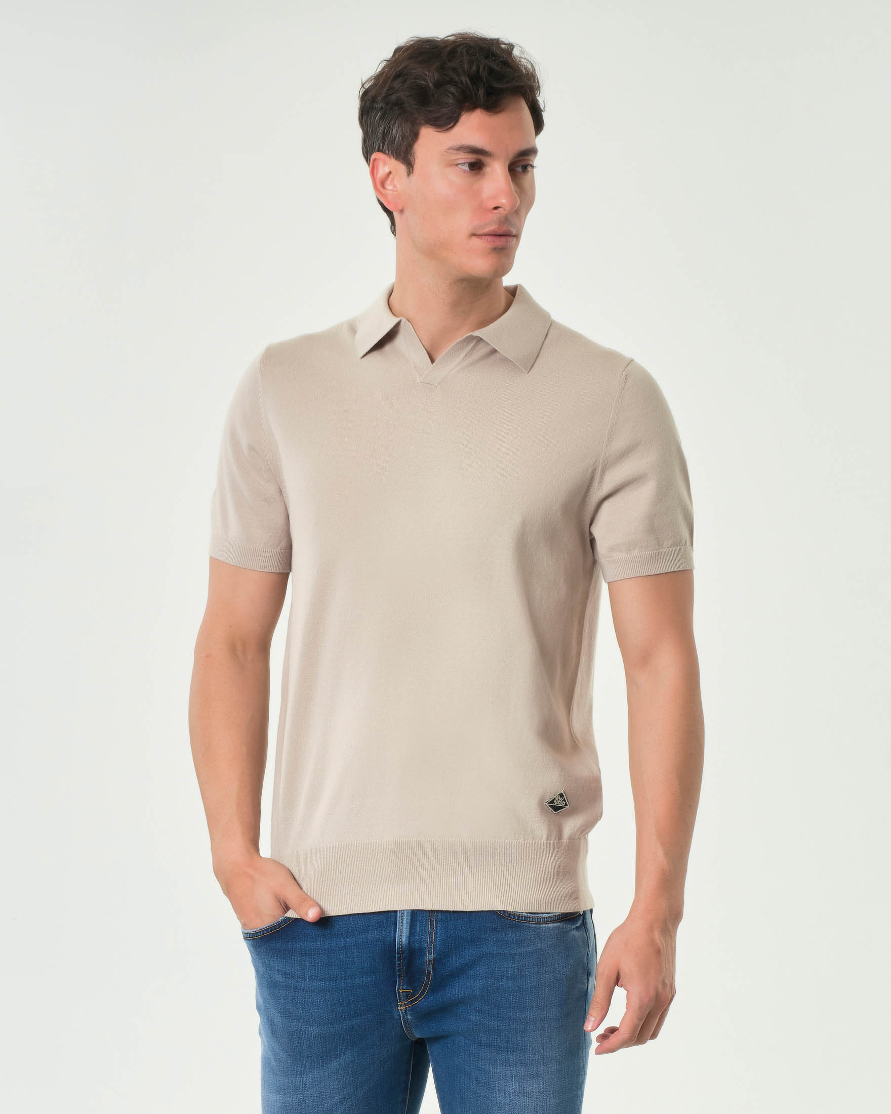 Polo Roy Roger's sabbia in puro cotone con colletto bowling