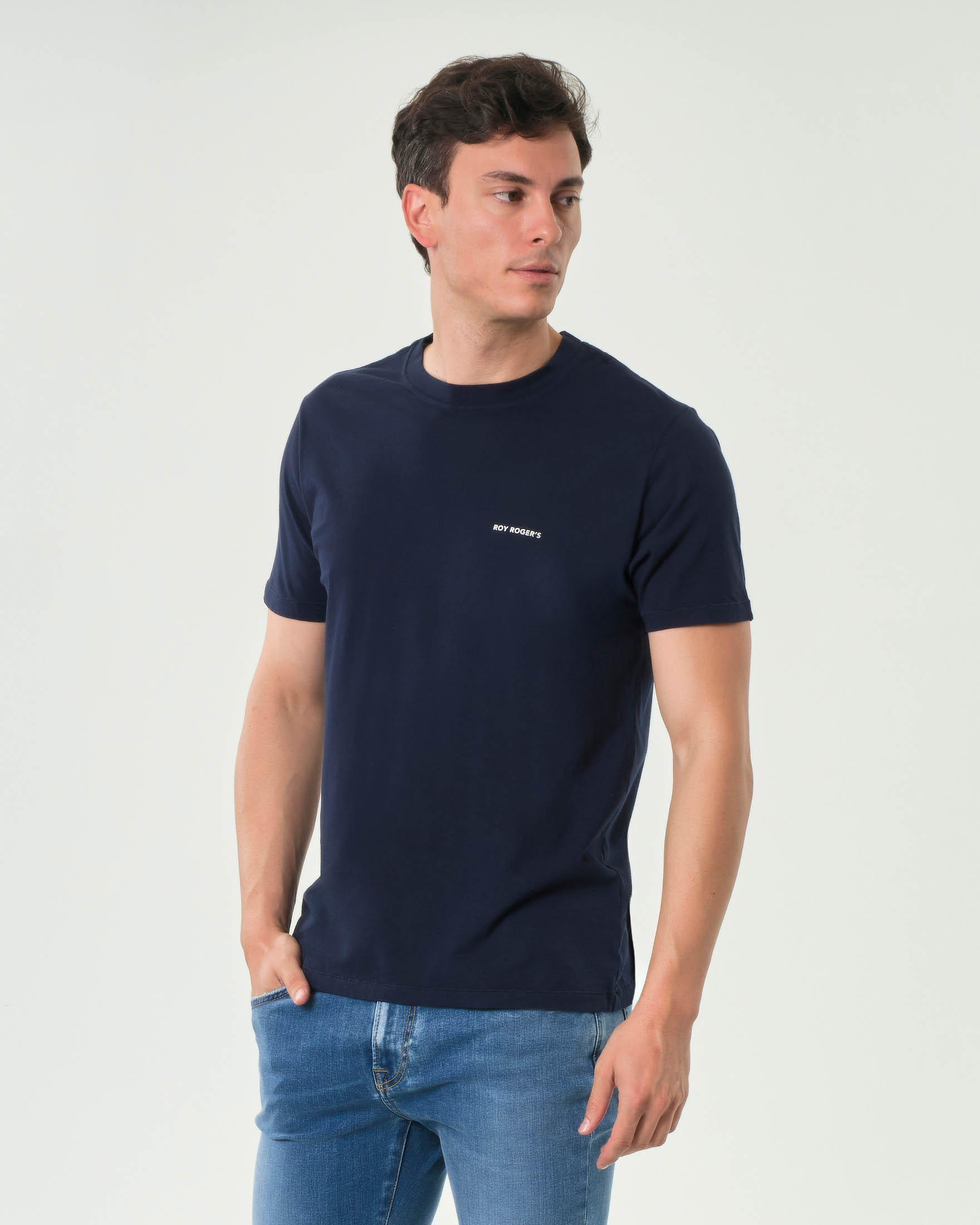 T-shirt mezza manica blu in pima cotton con logo scritta piccolo sul petto