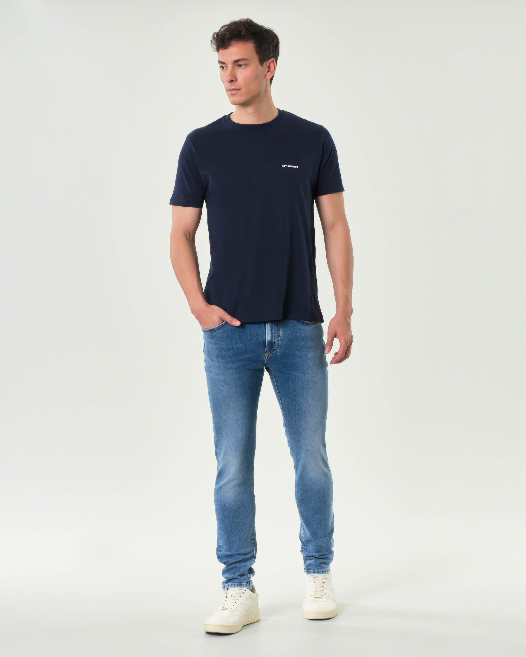 T-shirt mezza manica Roy Roger's blu in pima cotton con logo scritta piccolo sul petto image
