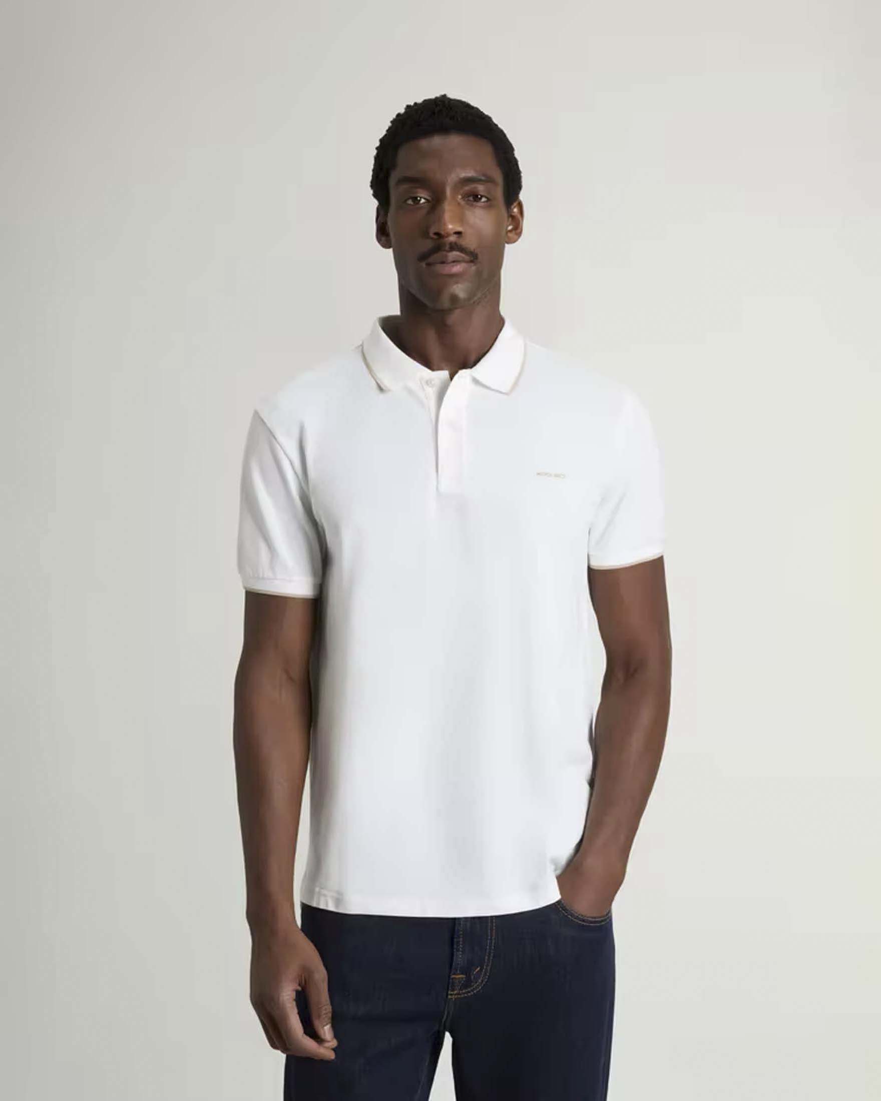 Polo Monterey bianca in piquè di cotone stretch con bordino beige