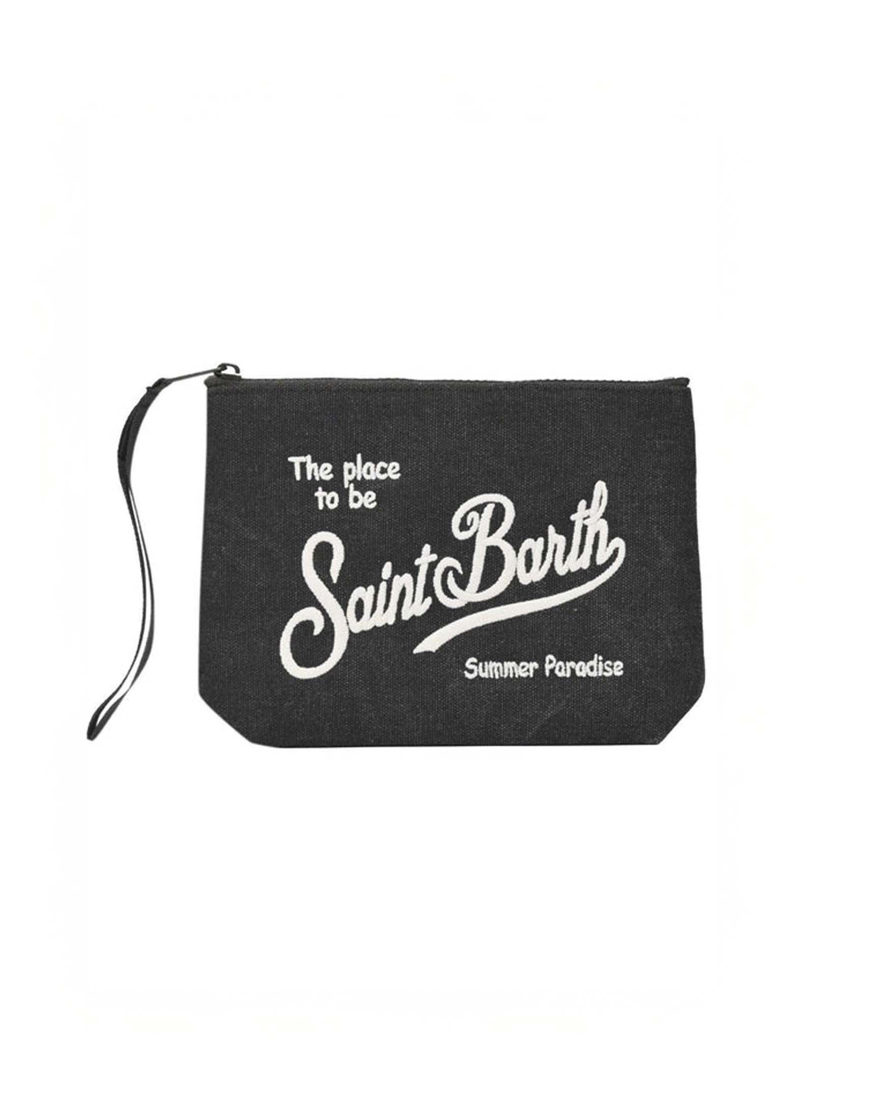 Pochette nera in canvas di cotone con scritta logo rimata a contrasto