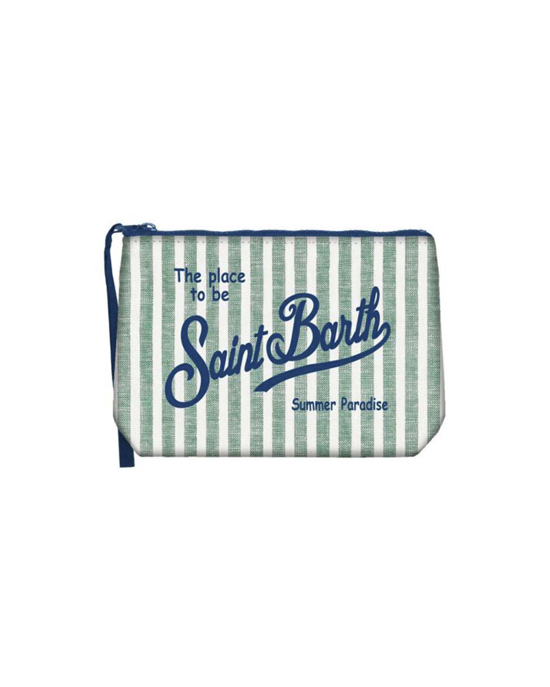 Pochette Aline verde a righe bianche in lino con scritta logo blu stampata