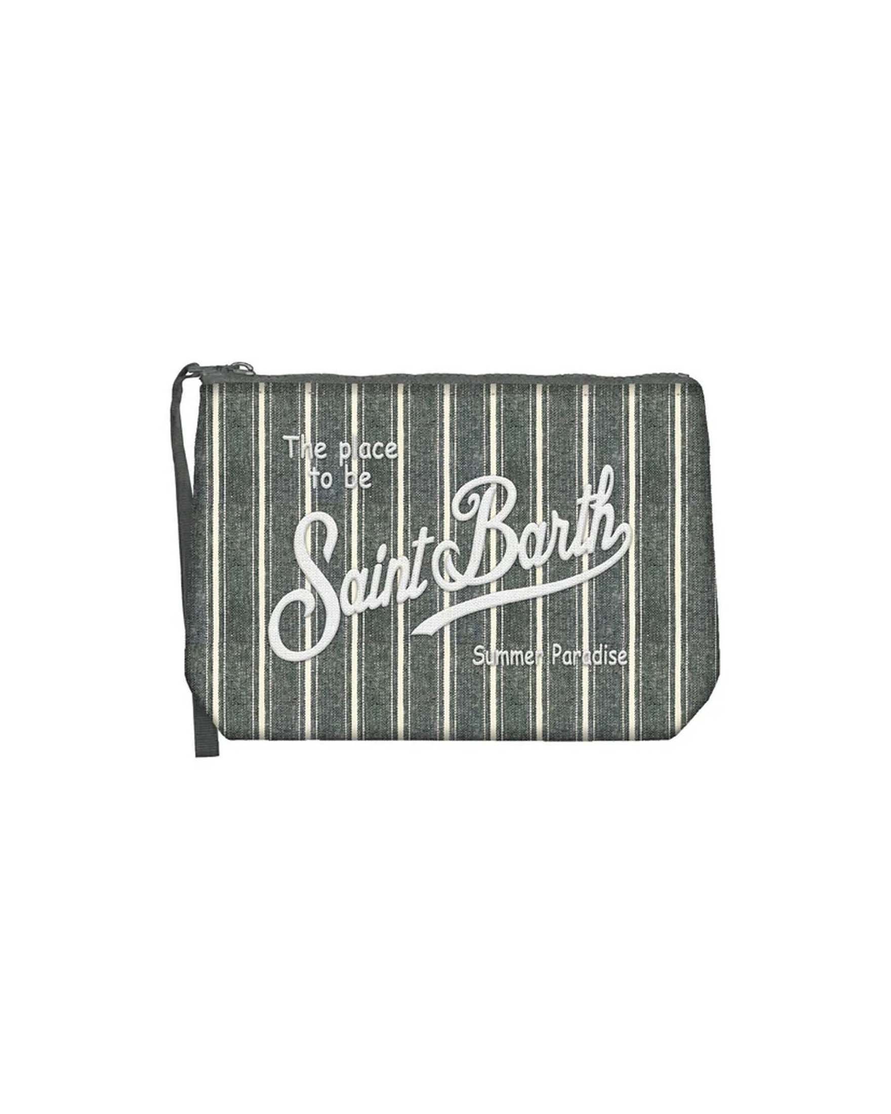 Pochette Aline verde a righe bianche in cotone con scritta logo ricamata