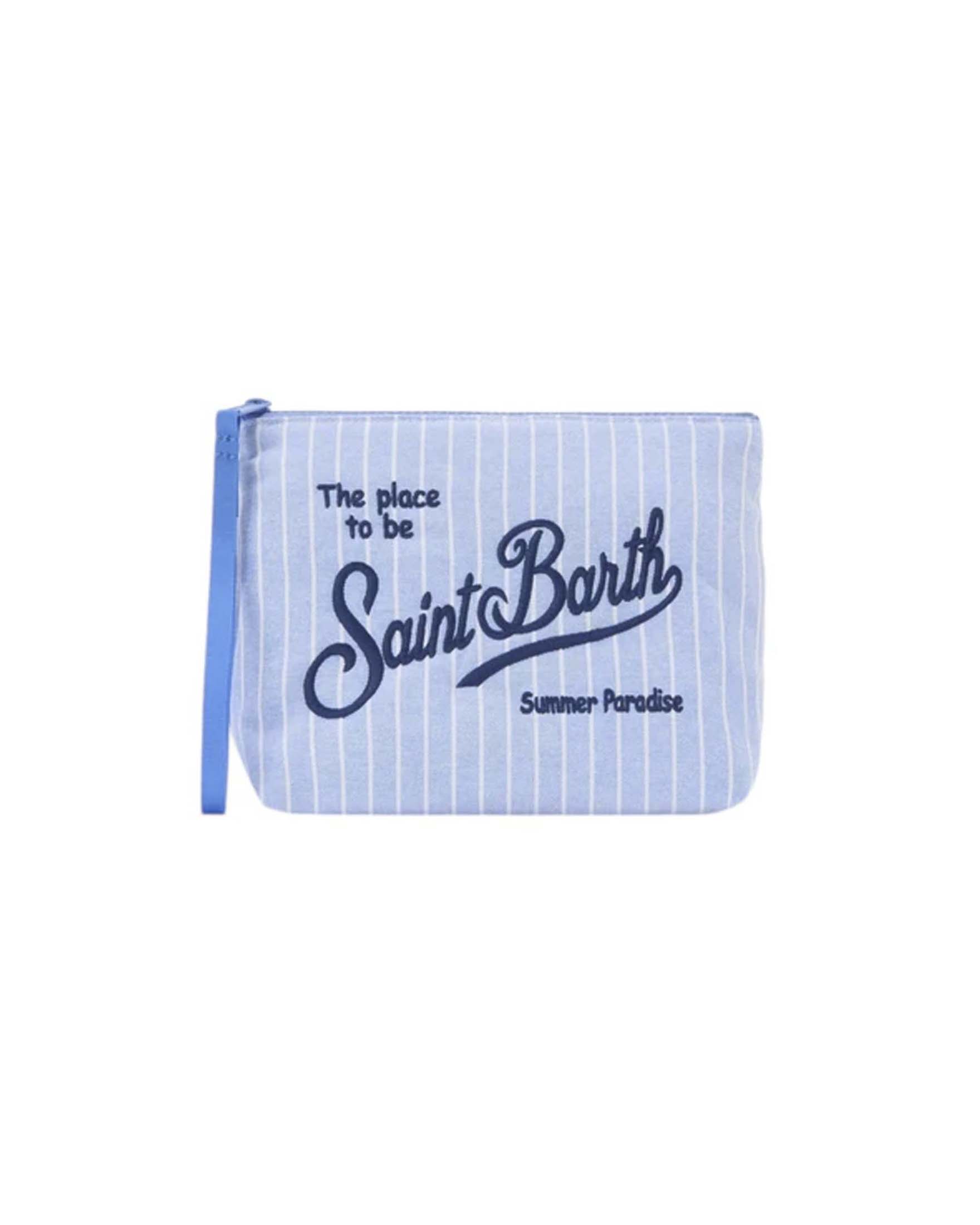 Pochette Aline azzurra a righe bianche in cotone con scritta logo ricamata
