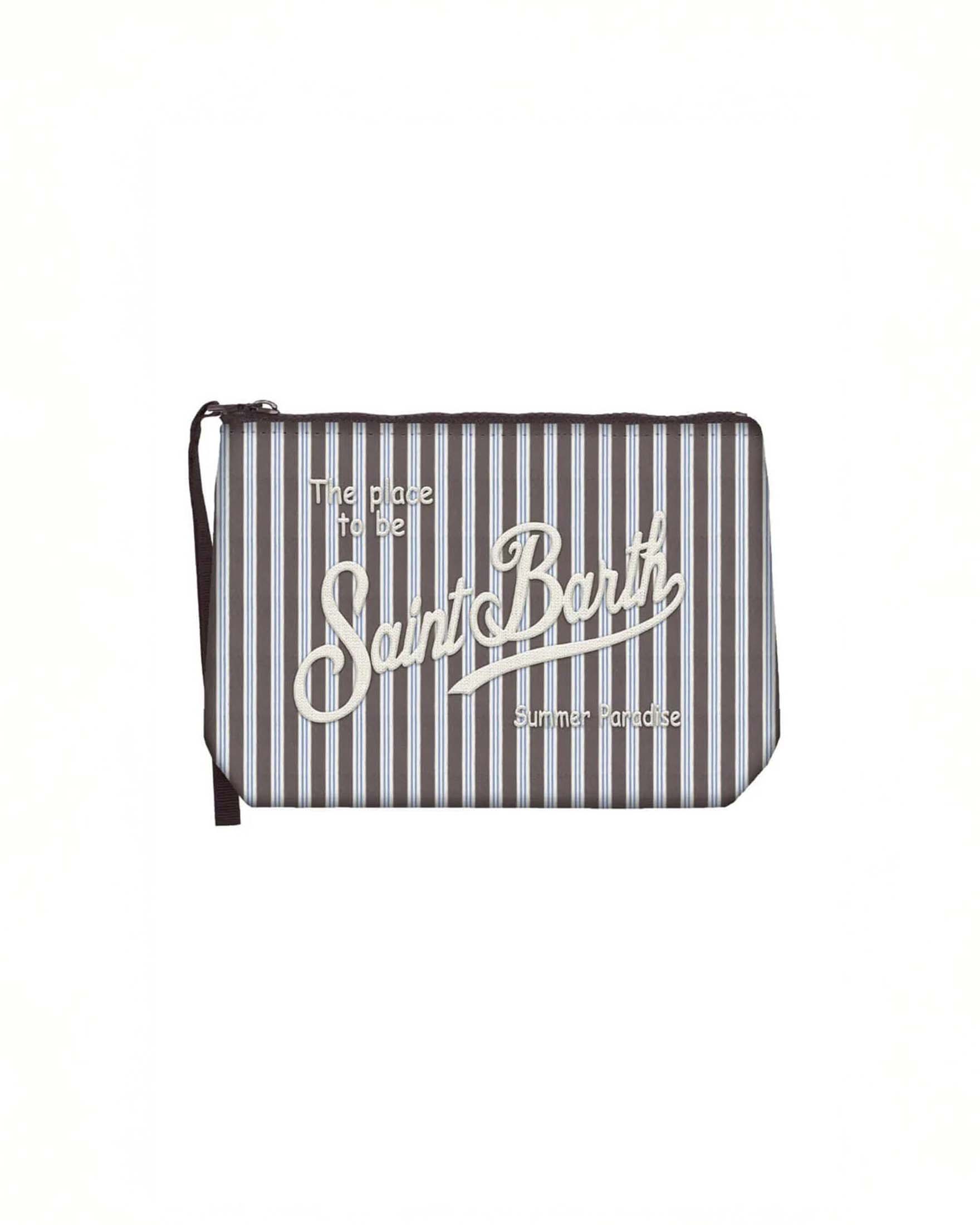 Pochette Aline a righe noce e azzurre in cotone con scritta logo ricamata
