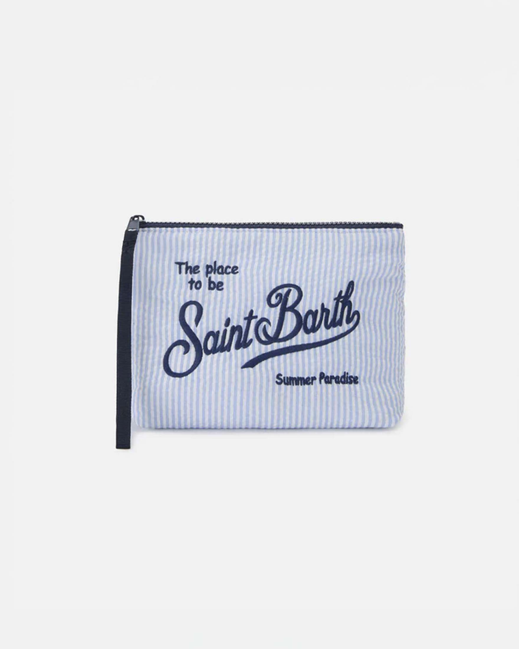 Pochette Aline in seersucker di misto cotone a righe azzurre e bianche