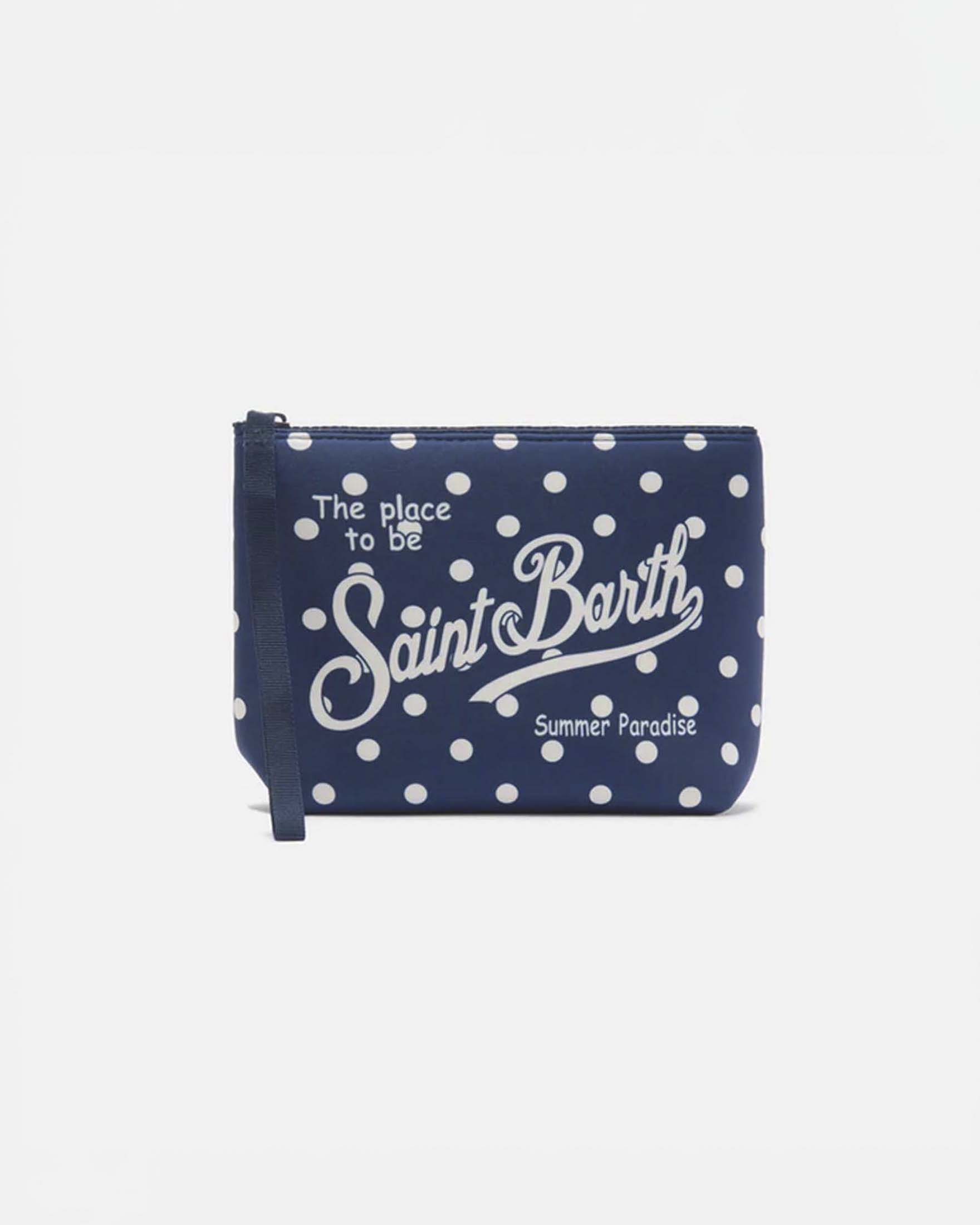 Pochette Aline blu a pois bianchi in neoprene con logo in contrasto