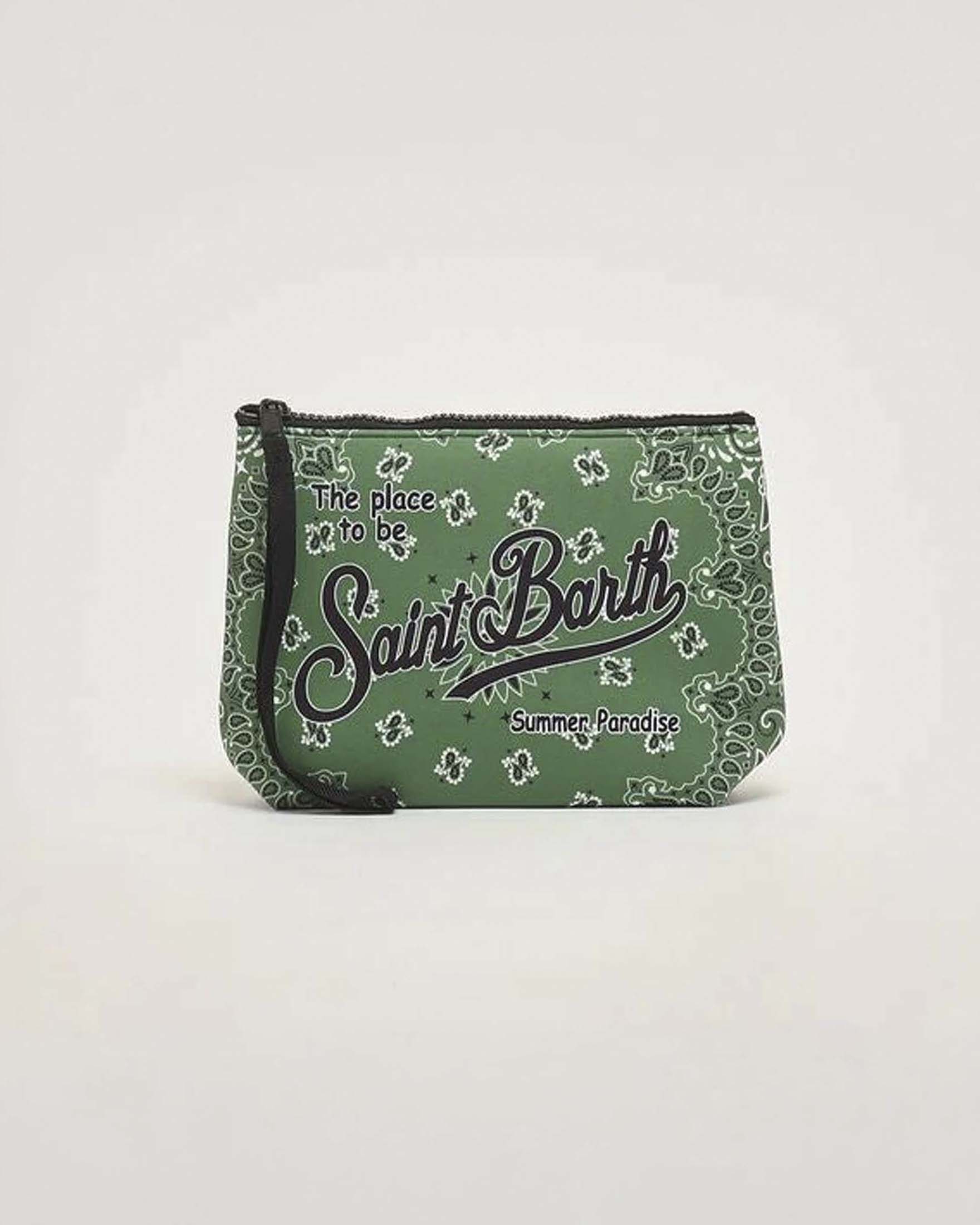 Pochette Aline verde militare in neoprene con stampa grafica bandana