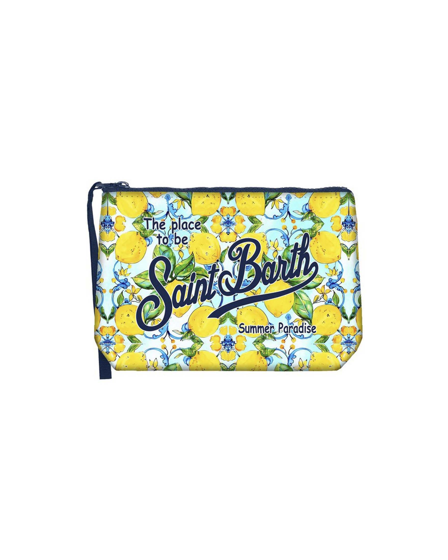 Pochette Aline gialla in neoprene con fantasia maioliche e limoni