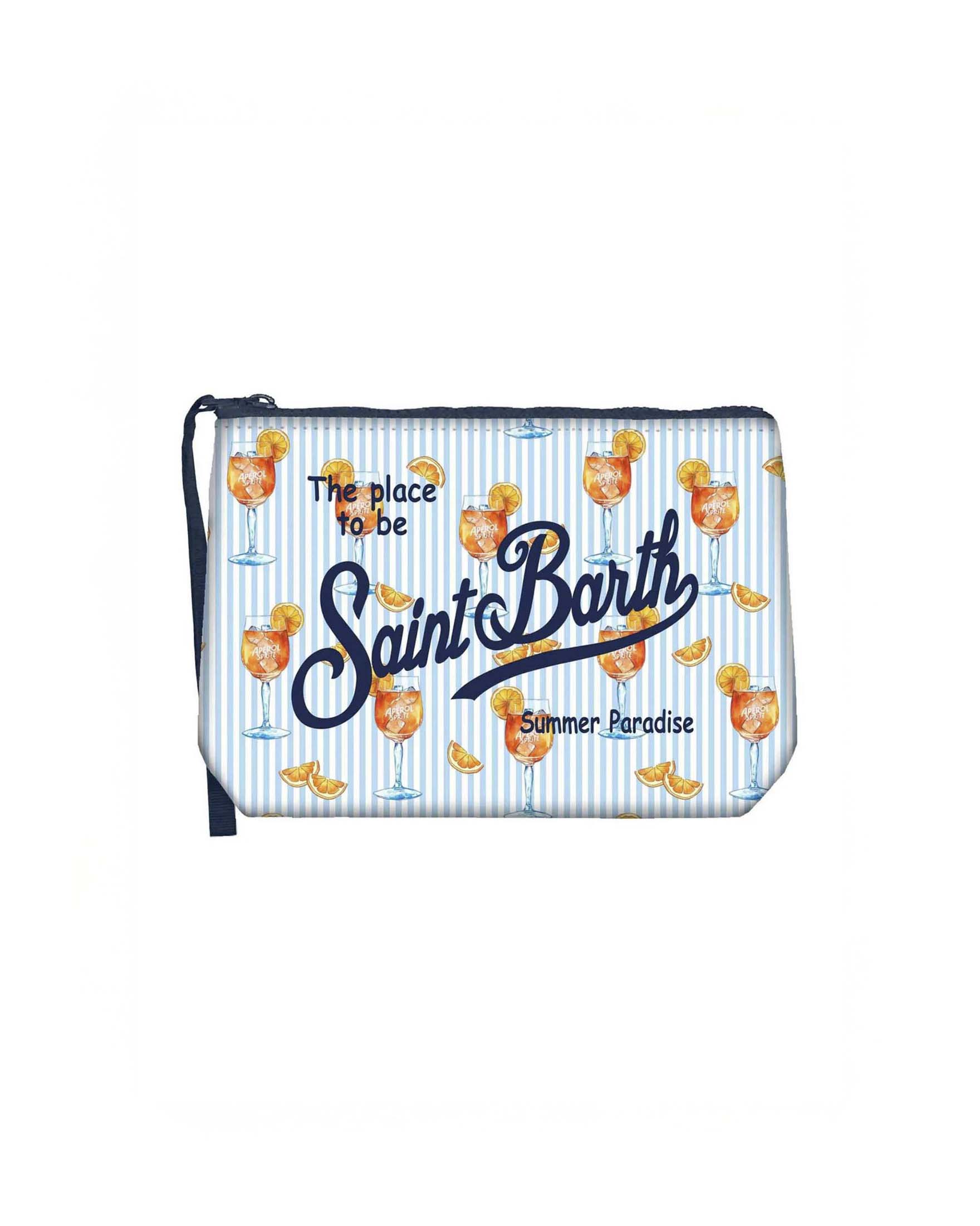 Pochette Aline a righine bianche e azzurre in neoprene con fantasia Aperol Spritz