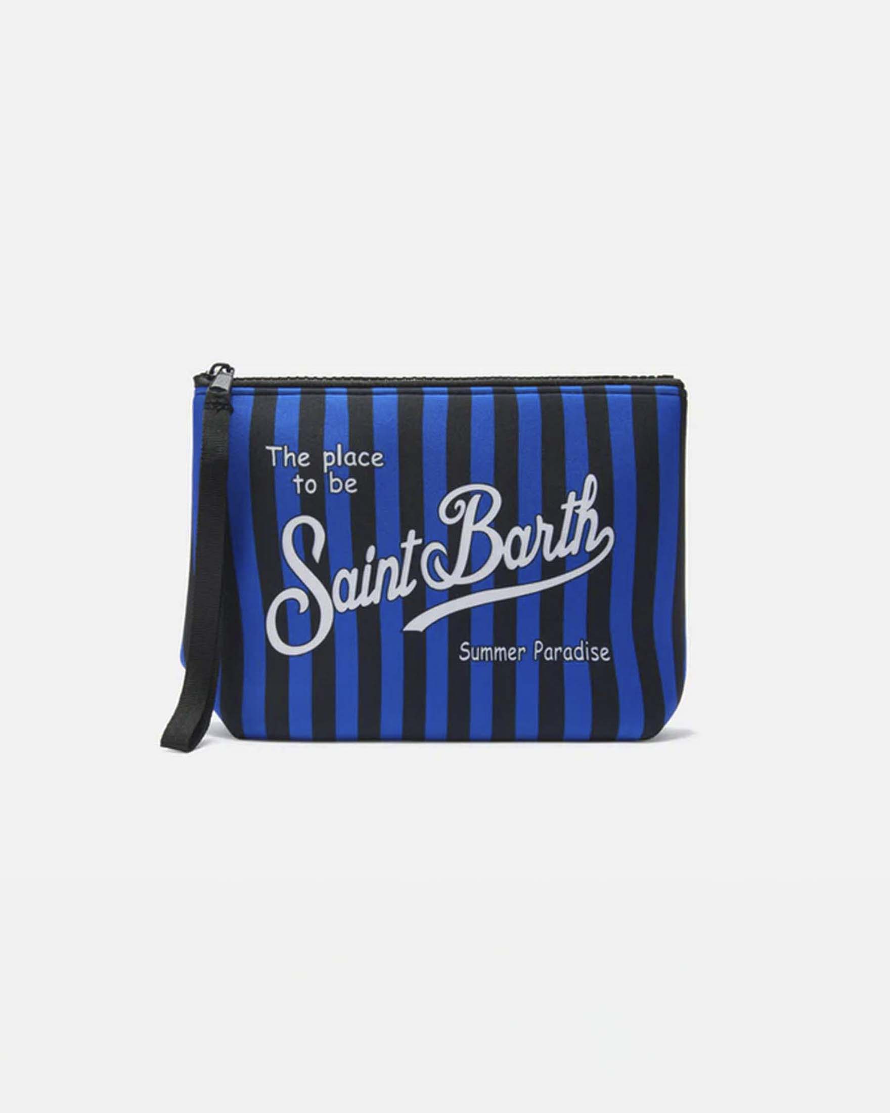 Pochette Aline in neoprene a righe nere e blu e logo Inter vintage sul retro