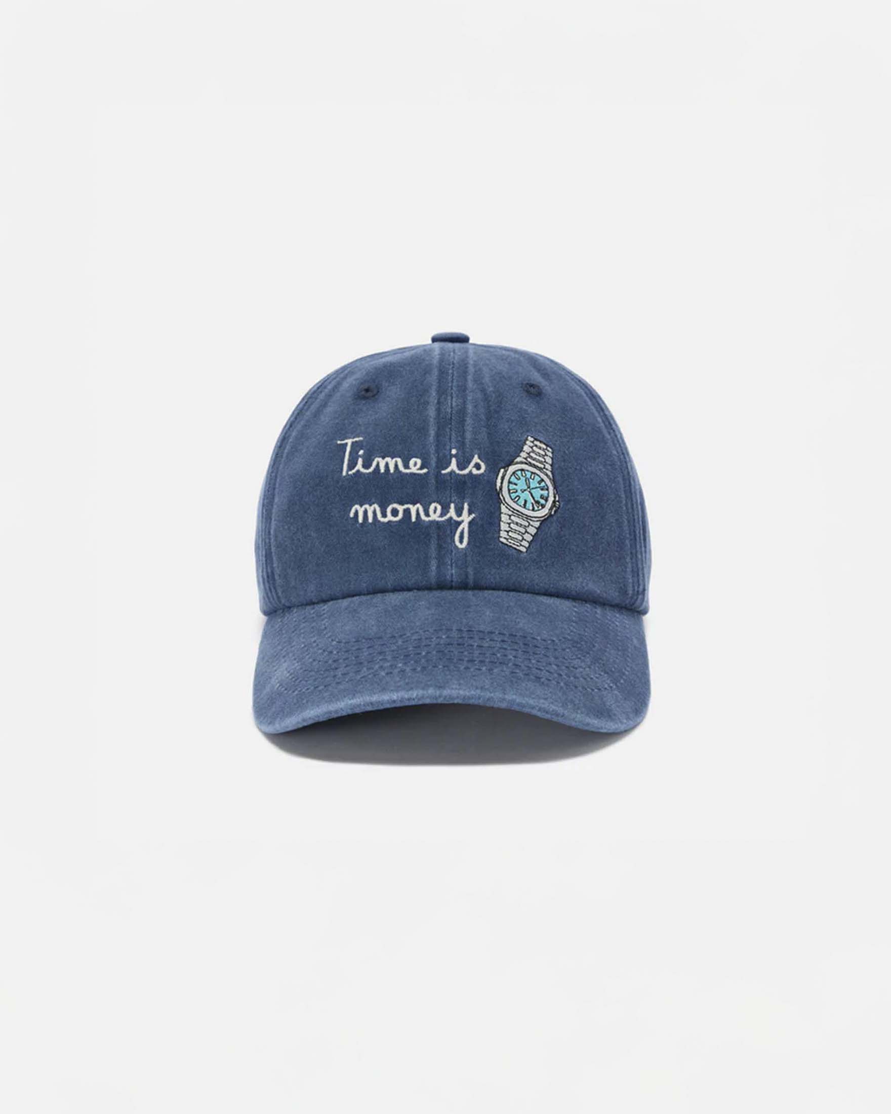 Berretto blu indaco con frontino e scritta Time is Money