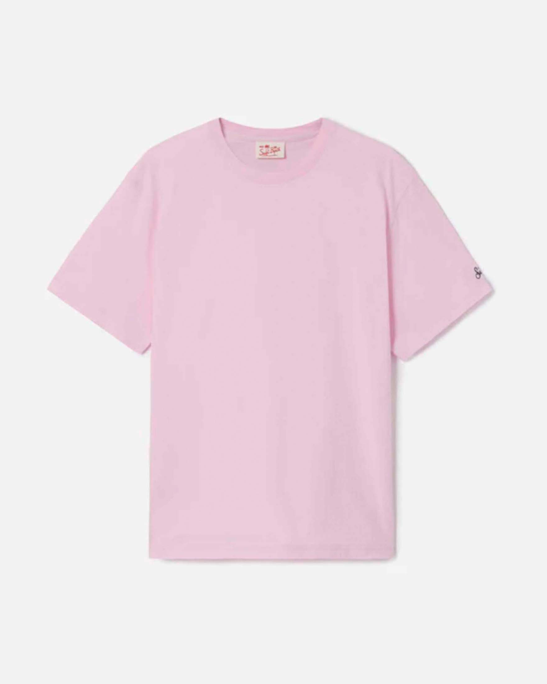 T-shirt MC2 Saint Barth rosa mezza manica con logo scritta ricamato sulla manica