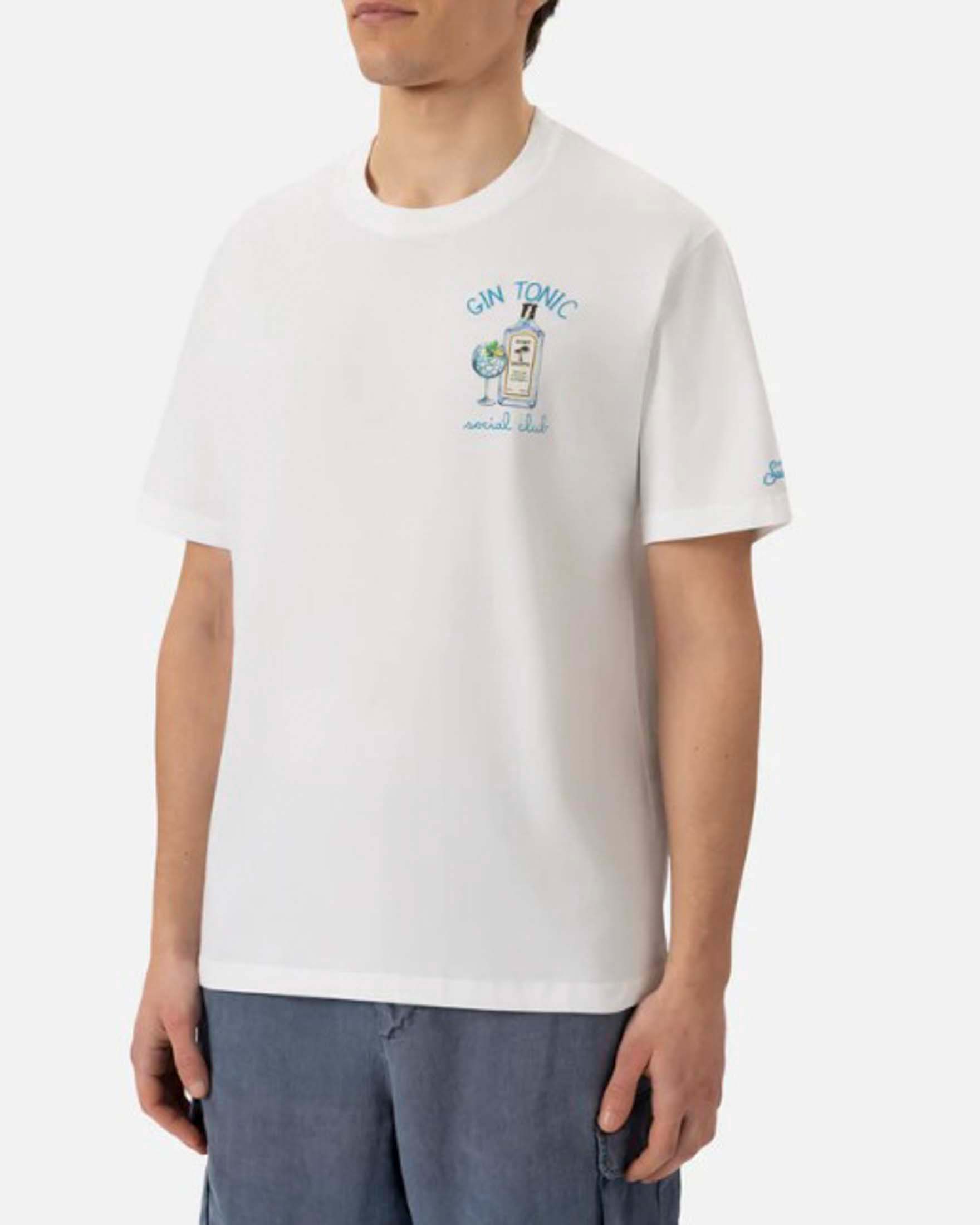 T-shirt MC2 Saint Barth bianca mezza manica con ricamo Gin Tonic Social Club sul petto